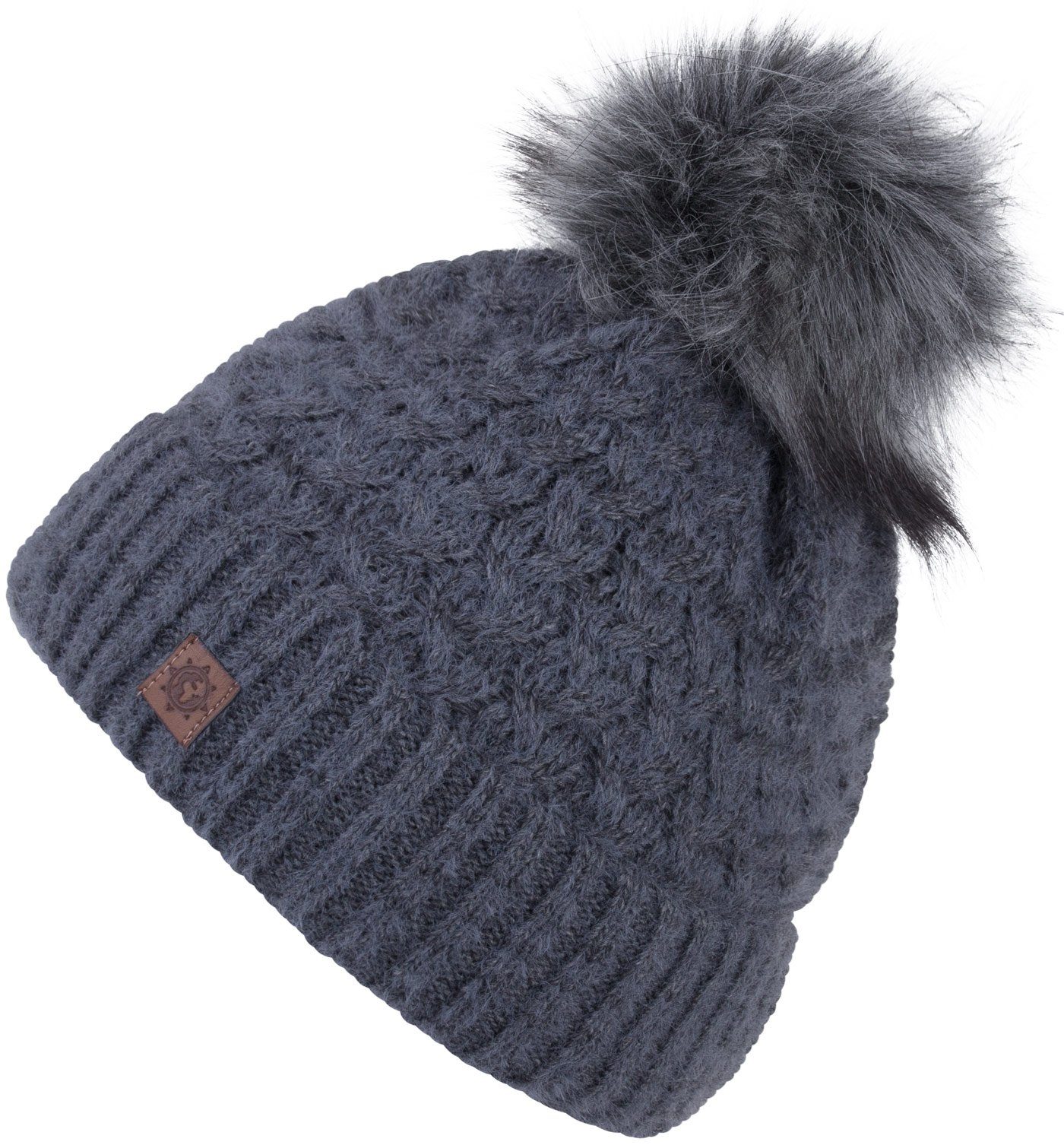 compagno Damen (1-St) Mütze Fleecefutter Bommelmütze Strickmütze grau Strick Wintermütze Winter Beanie