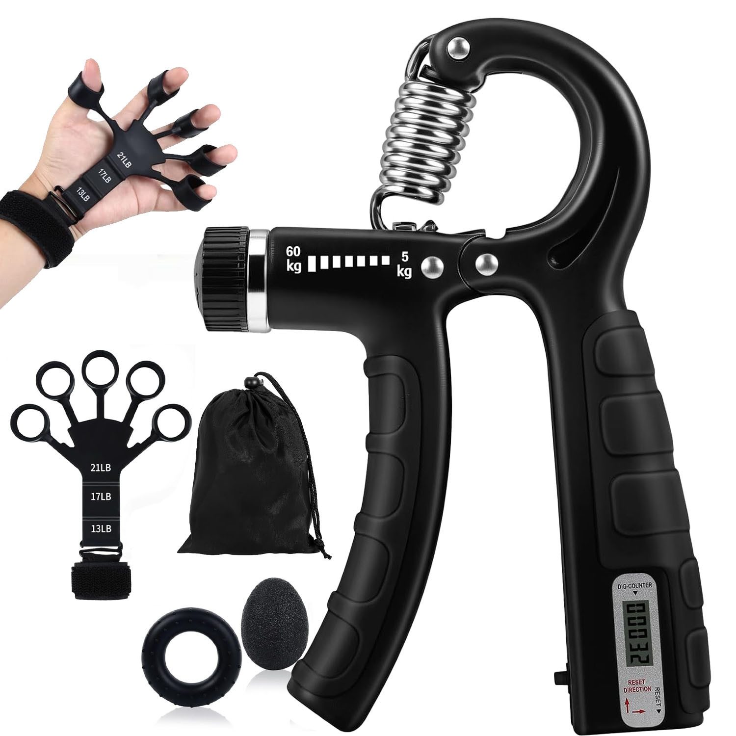 SURFOU Handmuskeltrainer Handtrainer Trainingsset(5er-Pack), Fingertrainer Griffkraft Trainer (Trainingsring & Stressabbau-Griffball mit Tragetasche), 2 Einstellbarer Widerstand Unterarmtrainer, Fingerstrecker