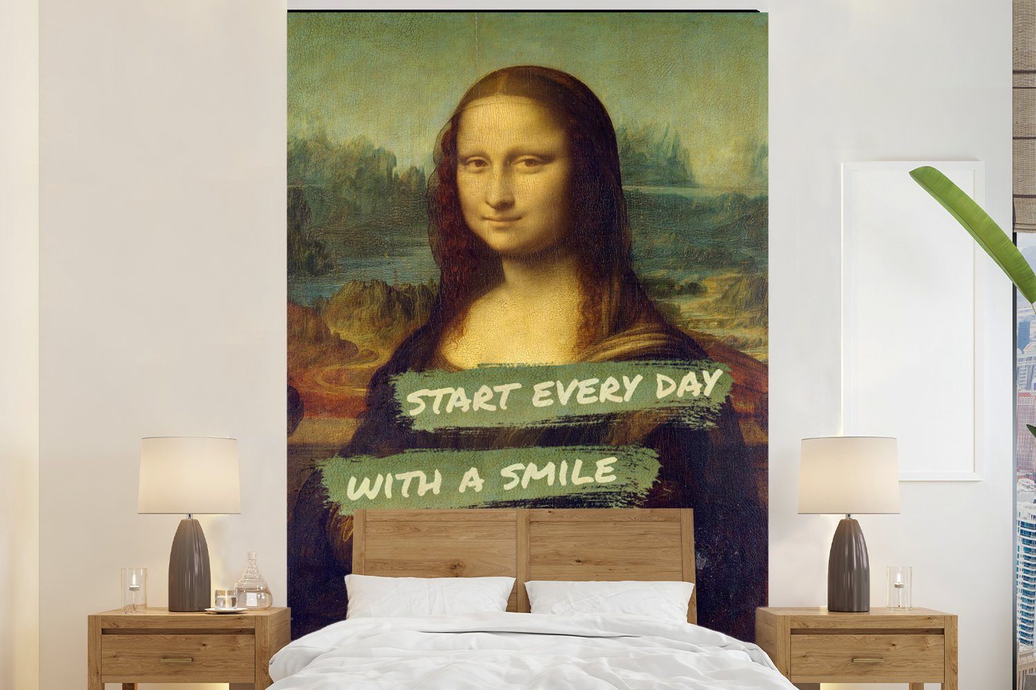 MuchoWow Fototapete Mona Lisa - Da Vinci - Zitat, Matt, bedruckt, (3 St), Montagefertig Vinyl Tapete für Wohnzimmer, Wandtapete