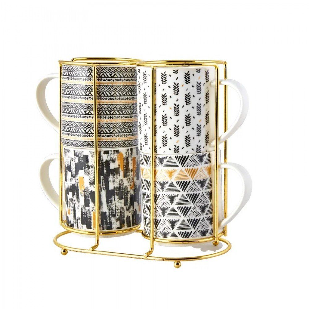 Karaca Kaffeeservice Nigrum Kaffeebecher- Set mit Ständer, 5- teilig aus Porzellan