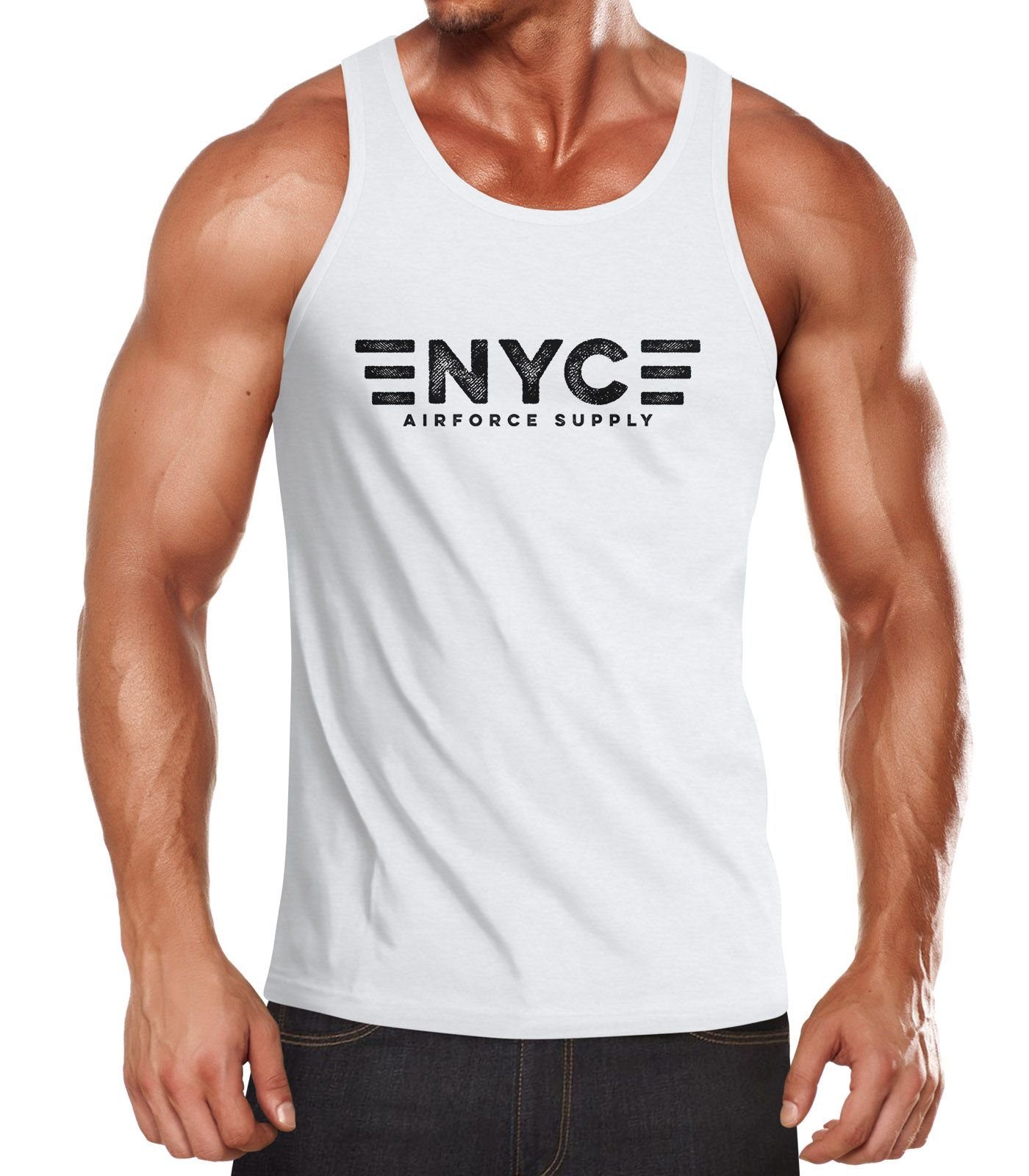 Neverless Tanktop Herren Tank-Top Aufdruck NYC New York City Airforce Supply Army Print Muskelshirt Muscle Shirt Neverless® mit Print weiß