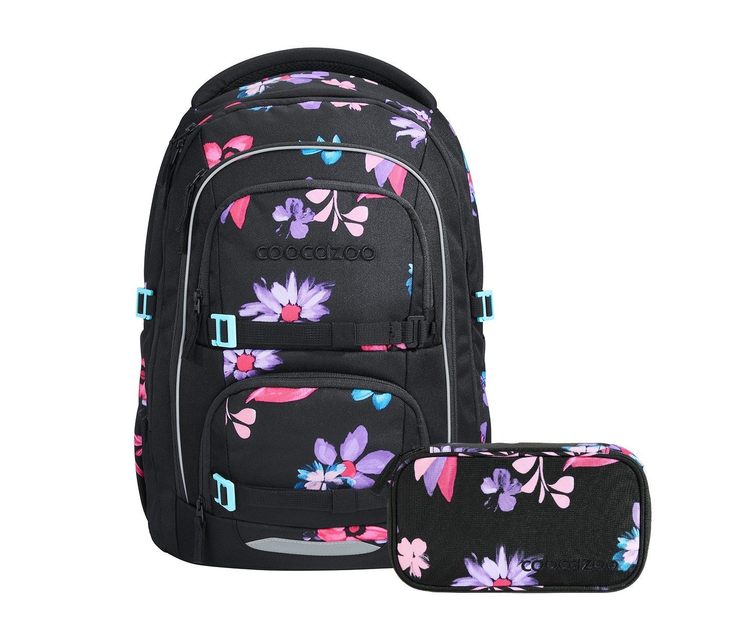 coocazoo Schulranzen Schulrucksack-Set PORTER, Floral Artnight 2-teilig (2-teilig), ergonomisch, Körpergröße: 135 - 180 cm, Easy-Grow-System