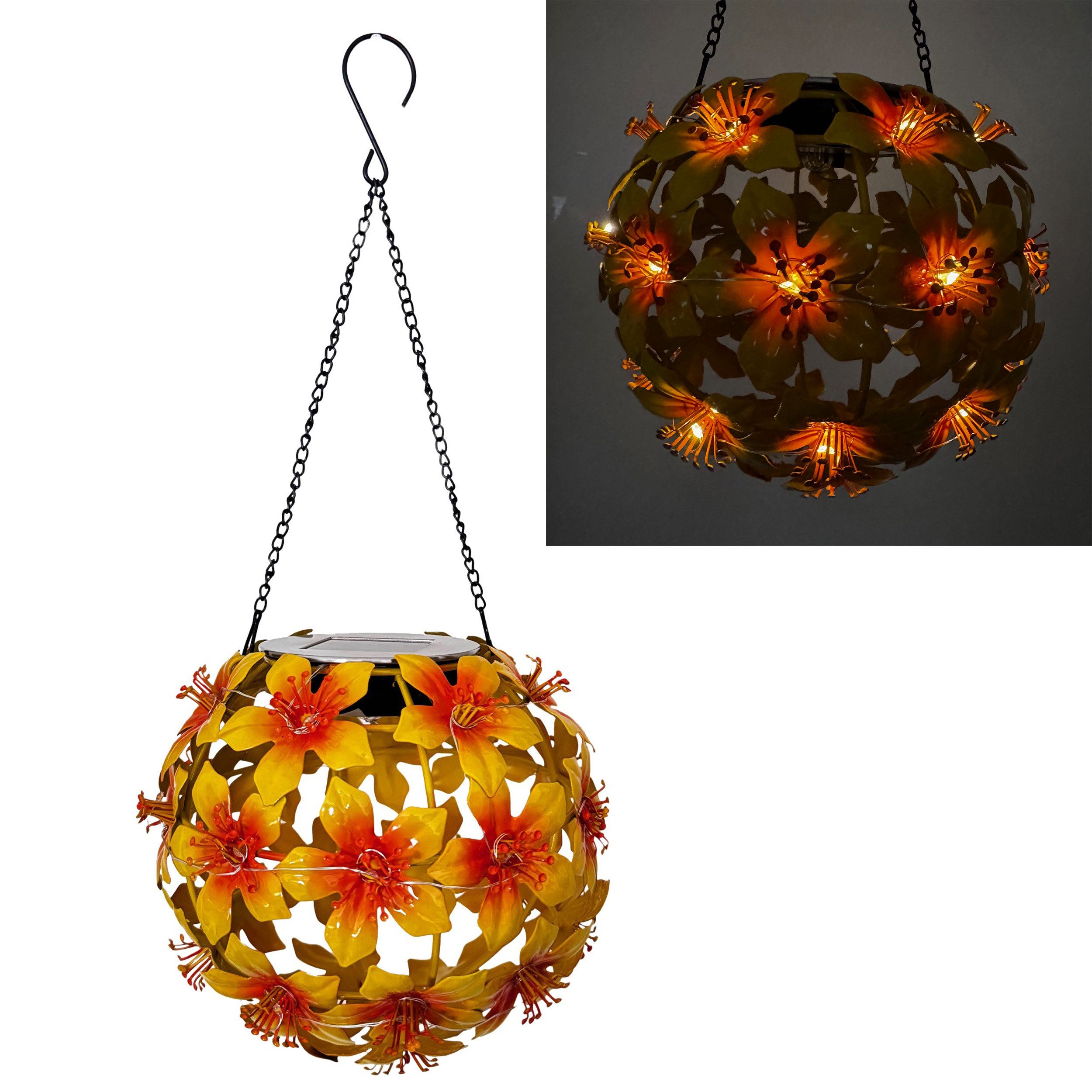 Online-Fuchs LED Gartenleuchte Hibiskusblüten zum Aufhängen mit LED-Lichterkette und Solarpanel, 30 LEDs, Warmweiß, stimmungsvolle Beleuchtung für den Außenbereich