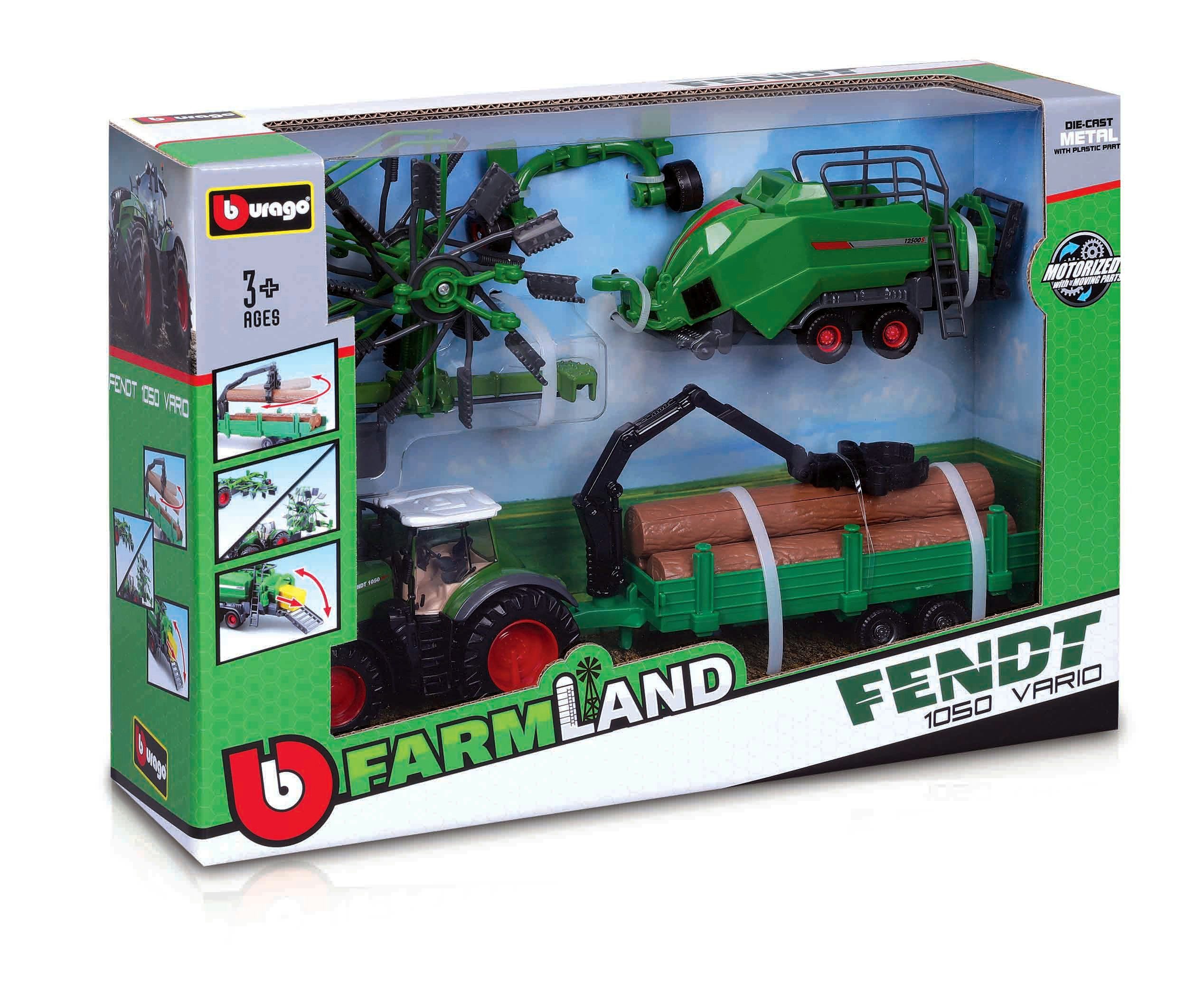 Bburago Spielzeug-Auto Traktor - Fendt 1050 Vario mit 3 verschiedenen Anhängern (10cm), mit 3 verschiedenen Anhängern