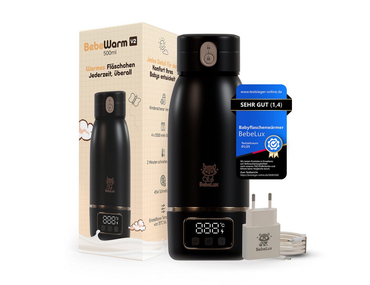 BebeLux Babyflaschenwärmer BebeWarm V2- In 2 Min trinkfertig für Milch, Muttermilch & Wasser, 15 Flaschen pro Ladung, BPA-frei & Sterilisation bis 100 °C