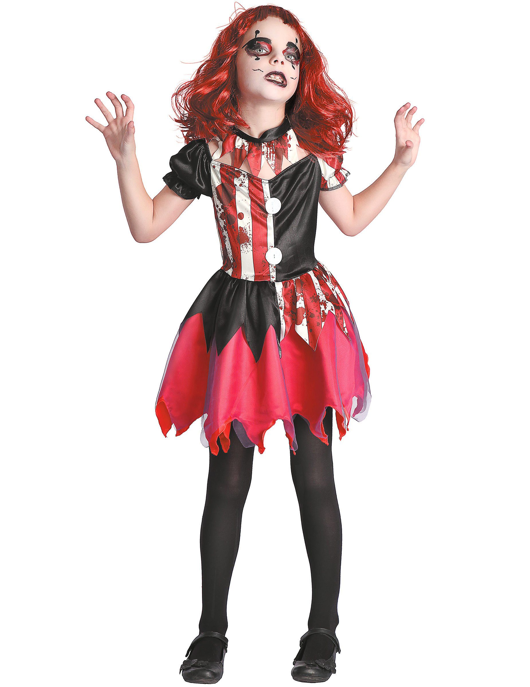JADEO Clown-Kostüm Horrorclown-Verkleidung für Mädchen schwarz-weiss-rot