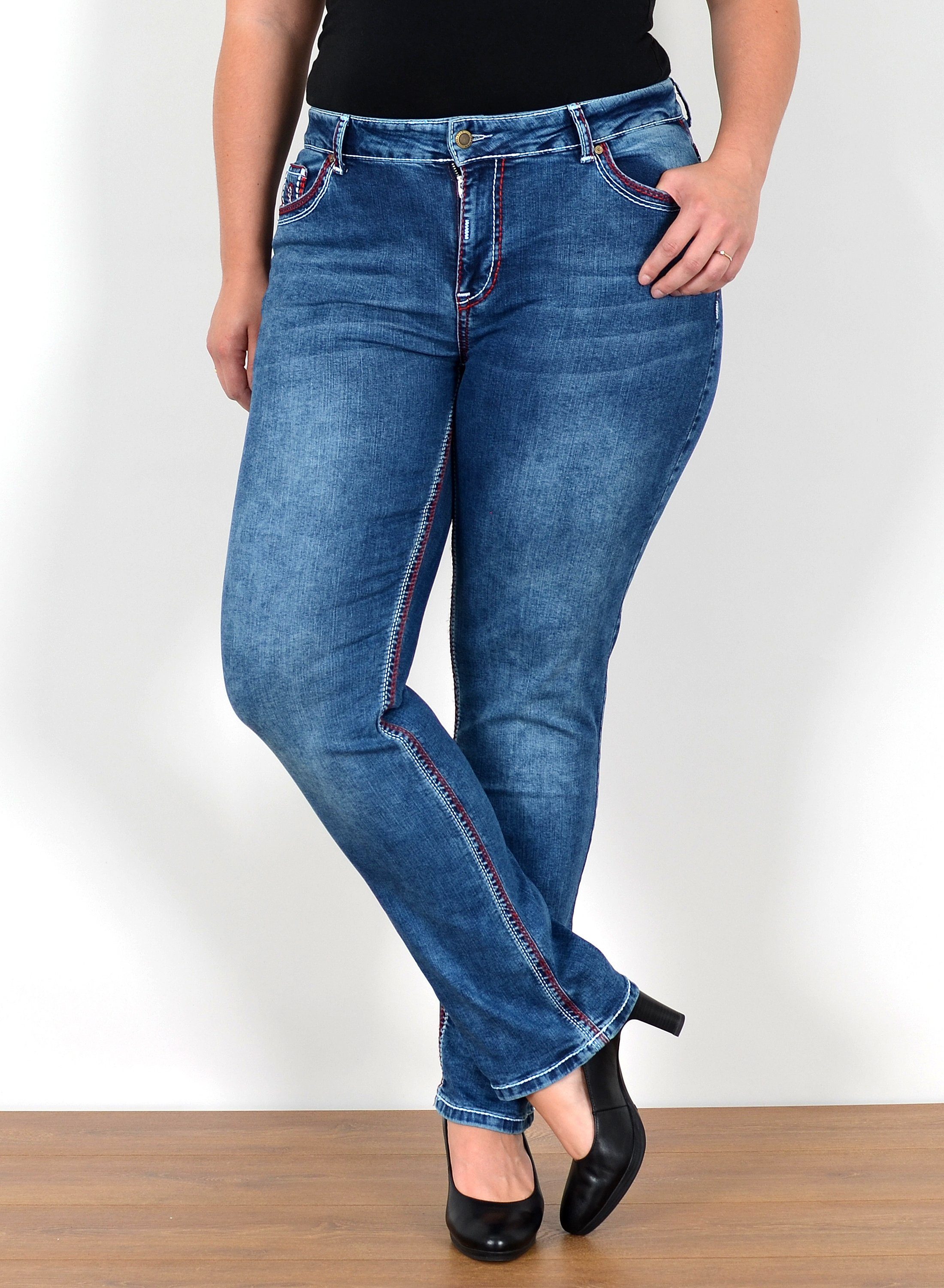 ESRA Straight-Jeans FG12 Straight Fit Jeans Damen High Waist Hose Kontrastnähte bis Plus Size