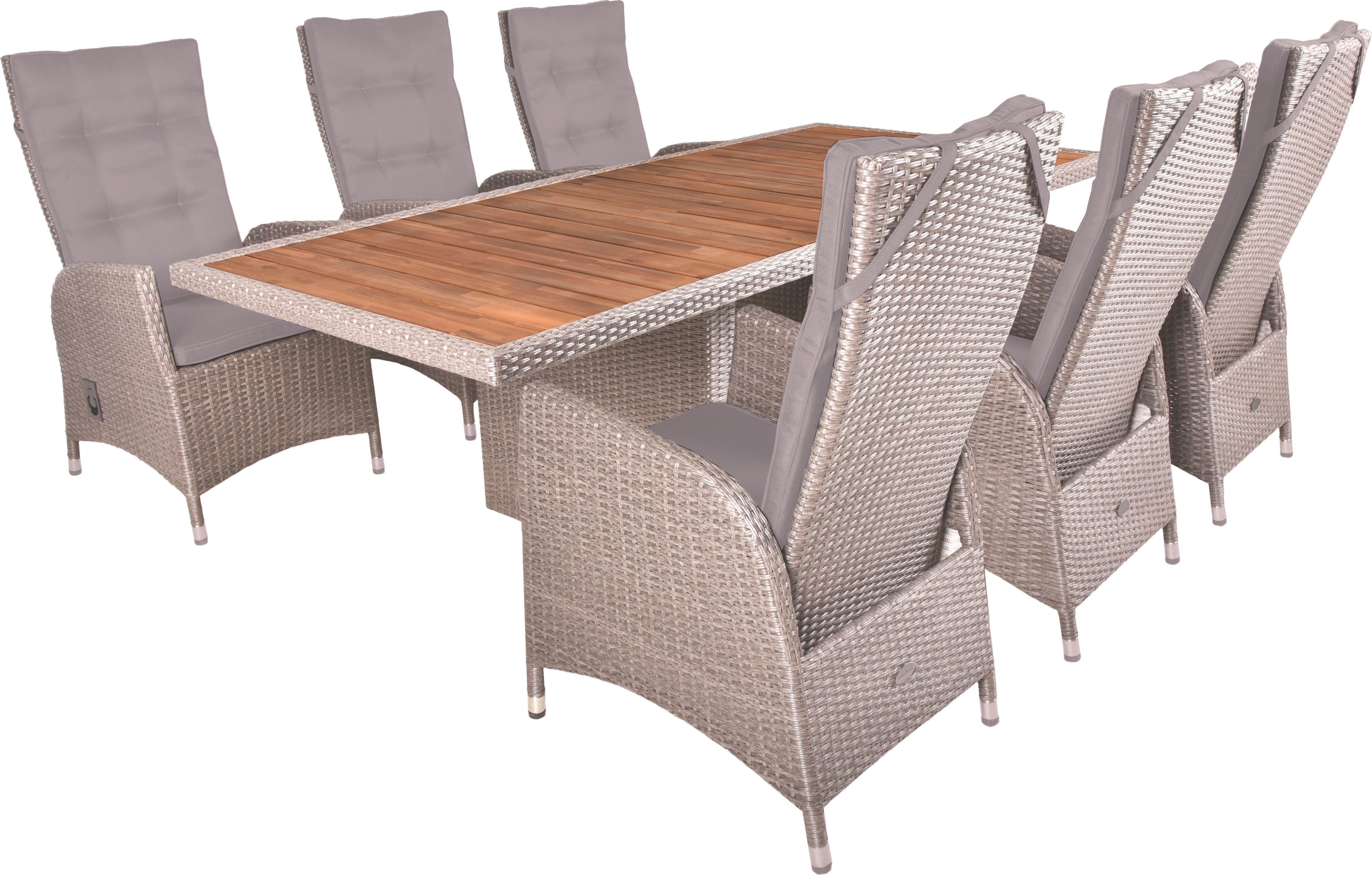 Garden Pleasure Garten-Essgruppe, Tischgruppe »BRAGA Set 01«, weidenbraun, (Set, 7-tlg), 6 Sessel, mit Gasfedern, Tisch LxB: 220x100 cm, inkl Auflagen