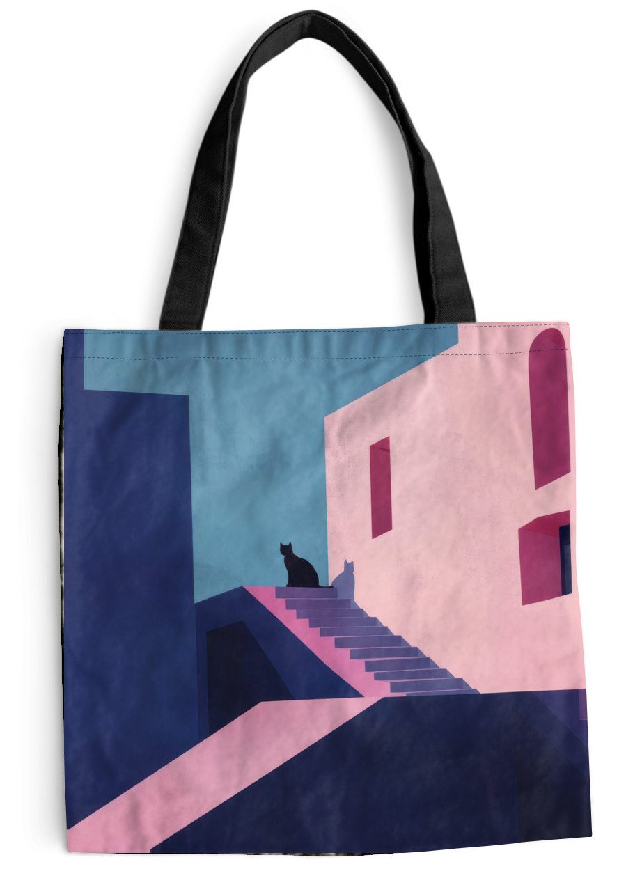 MuchoWow Shopper Katze - Treppe - Gebäude - Schattenkontraste, Handtasche, Damen und Herren, Schultertasche, Umhängetasche, Tote Bag