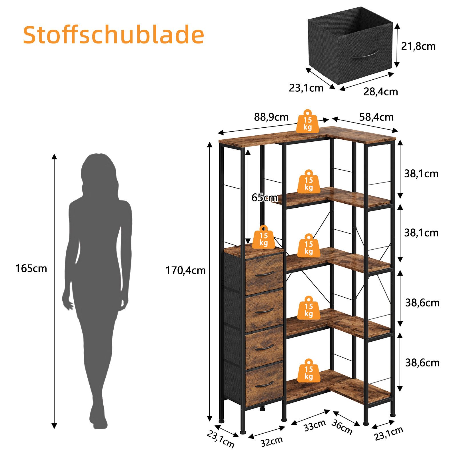 OYRREU Mehrzweckregal 10 offene Fächer & 3 Schubladen, kombiniert, Bücherregal, Standregal, industrial Aufbewahrungsregal 1-St., mehrfach, X-förmige Metallverstärkung, variabel einsetzbar, 120 x 23,5 x 142 cm