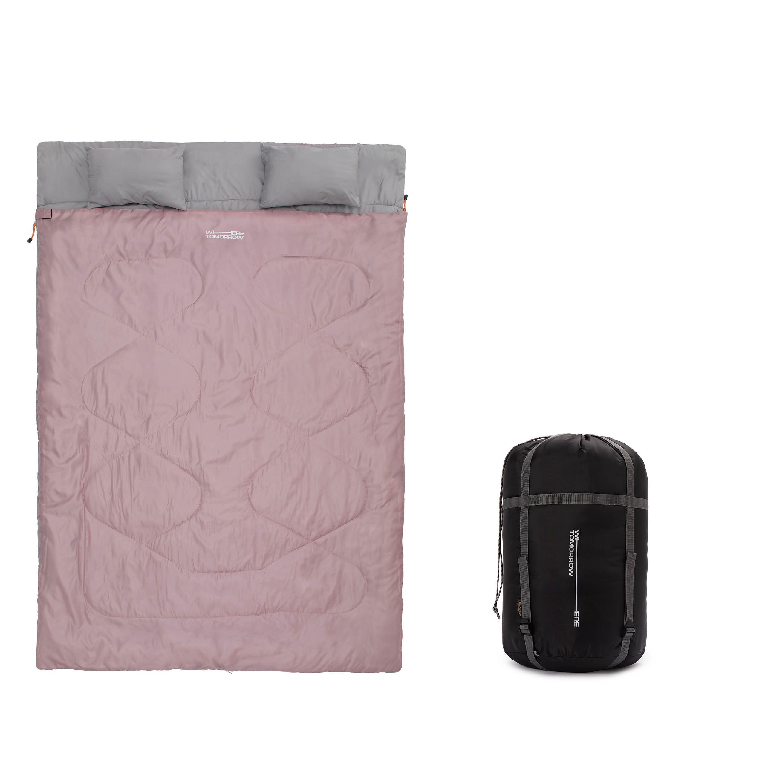 Lumaland Doppelschlafsack 2-Personen Schlafsack groß Kopfkissen, 190x30x150cm - Hüttenschlafsack wasserabweisend, atmungsaktiv Rose
