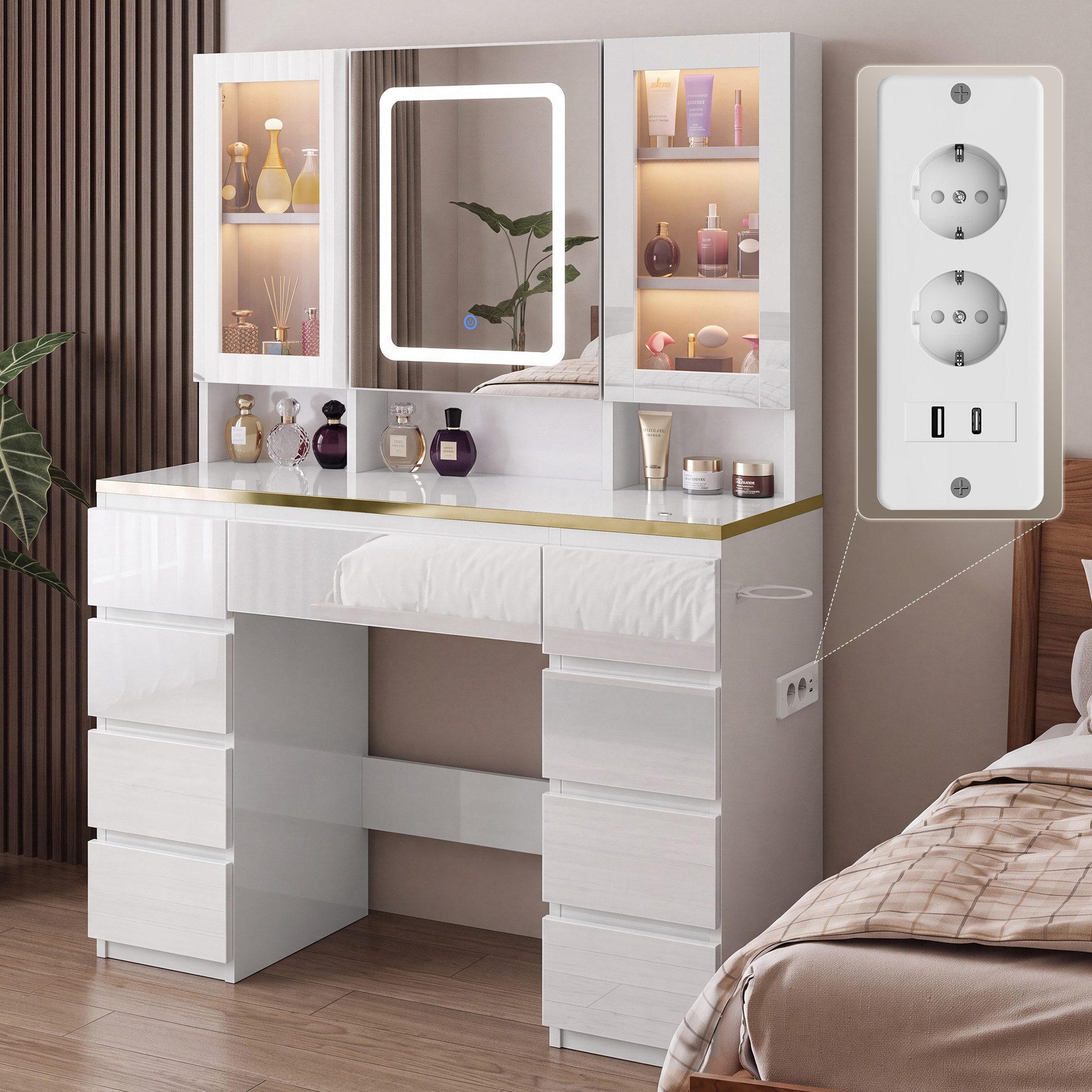 HOMALL Schminktisch LED-Schminktisch mit Spiegel, 108 cm breit, Hocker-Set optional (Gesamtmaße: 108 × 40 × 146 cm, mit 9 Schubladen, 3 offenen Ablagefächern, 2 Vitrinen mit LED-Beleuchtung, Spiegelschrank mit Stauraum, Steckdose, Föhnhalter, Schminktisch in Schwarz/Weiß, Kinderschminktisch)