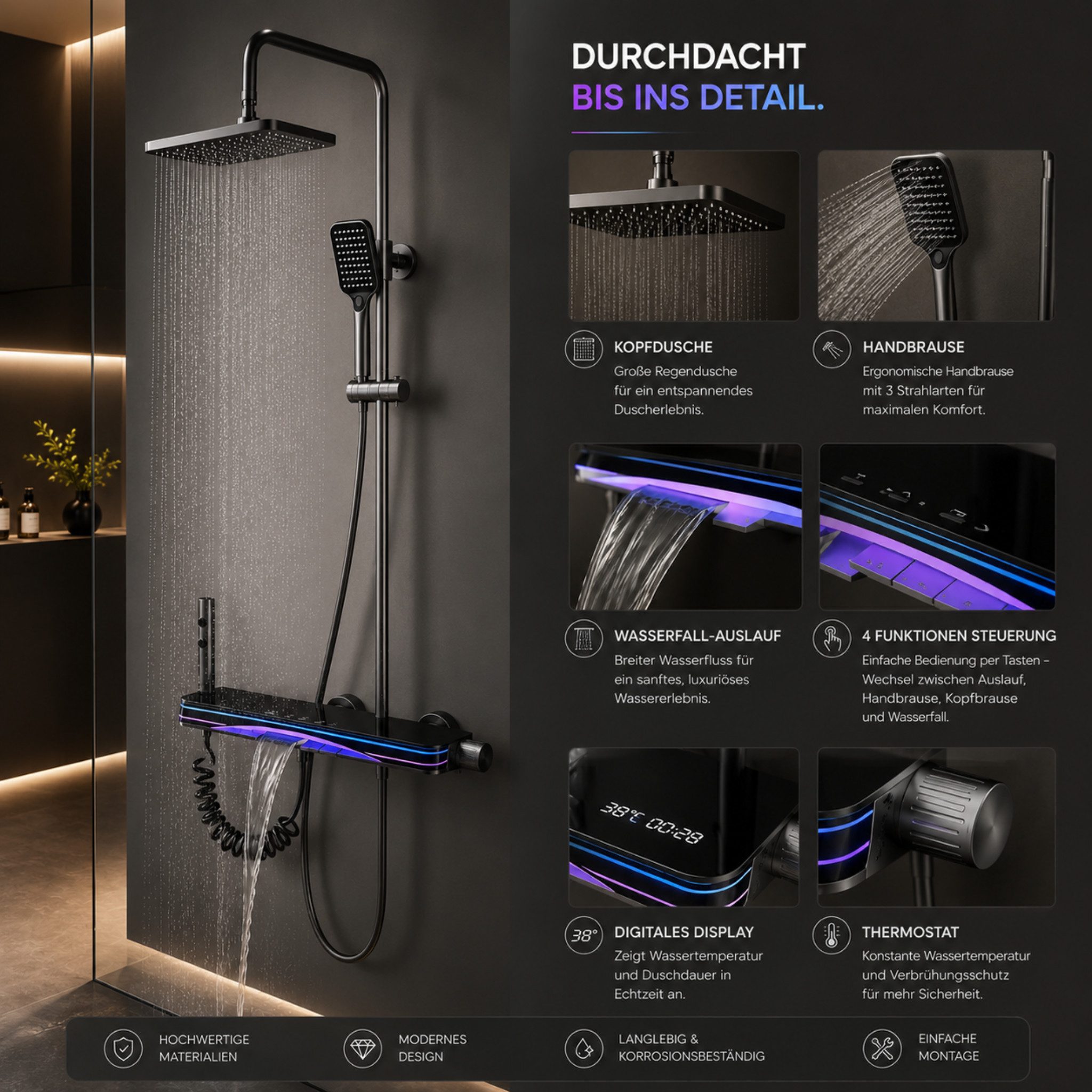 LuxaSteel Duscharmatur Duschsystem Regendusche LED Thermostat 4in1 (Komplettset inklusive Regendusche, Handbrause und Thermostatarmatur, Komplettset inklusive Regendusche, Handbrause und Thermostatarmatur) LED, Display, Wasserfall, Thermostat & praktische Ablagefläche