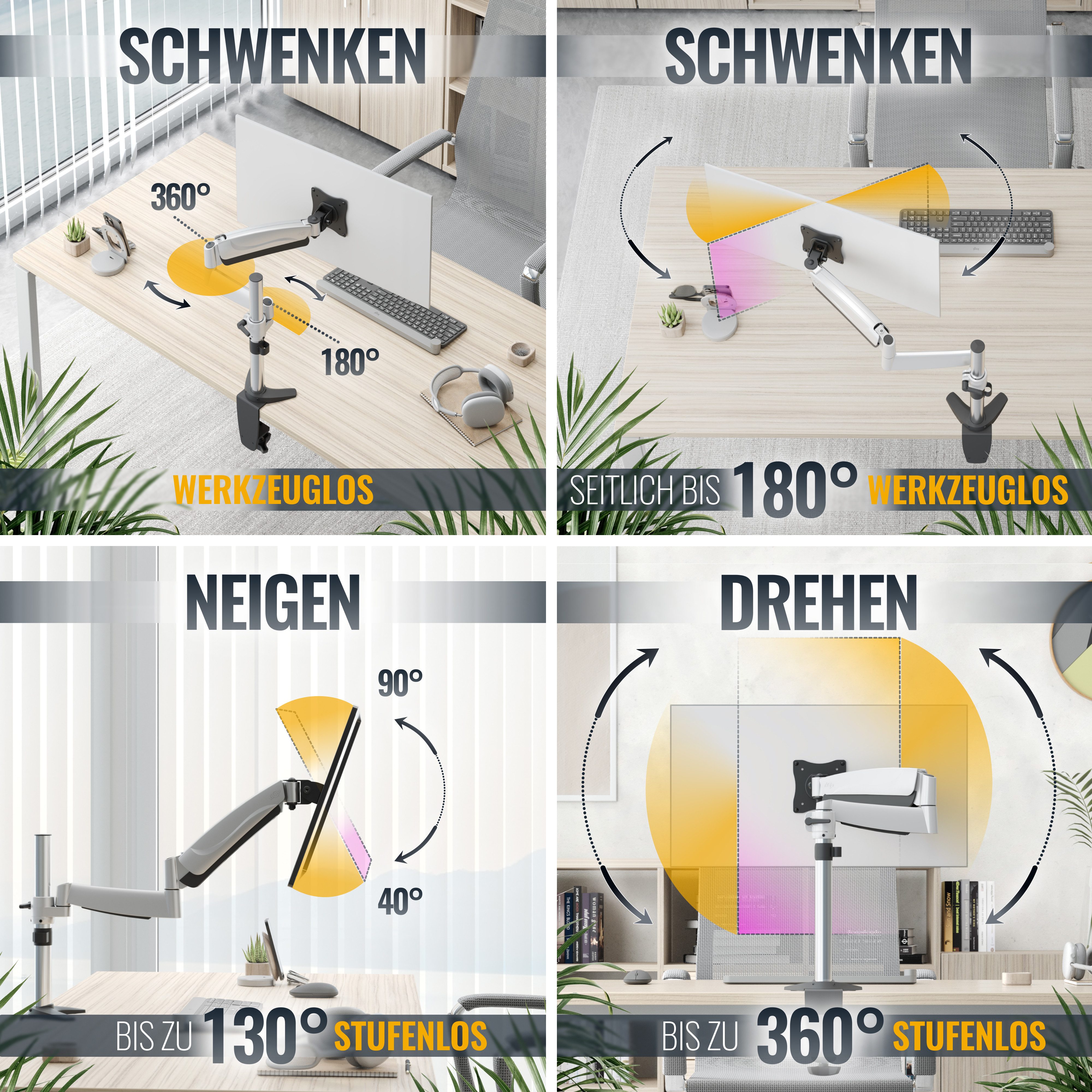 RICOO Monitor-Halterung Schreibtisch Halterung für Monitor TV Bildschirm TS3011, (bis 32 Zoll, VESA 75x75 und 100x100, 1-tlg., min. 2,5kg - max. 9 kg Belastbarkeit, von 33-81 cm (13"-32) Diagonale, Neigbar +40°/-90°, drehbar bis 360°, schwenkbar bis 180)