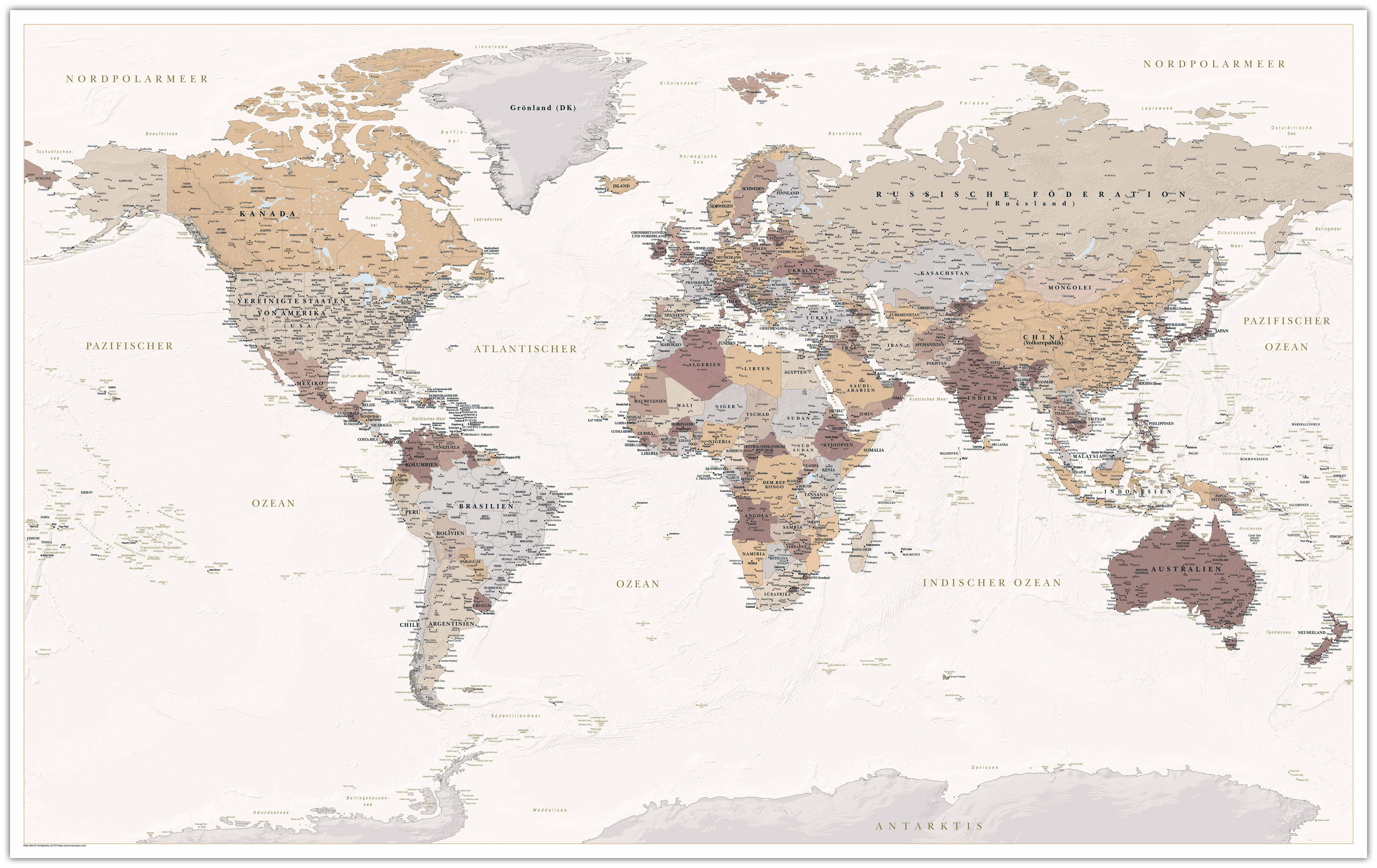 Interkart Landkarten & Globen GmbH Poster Dekorative Weltkarte Beige/Braun – Aktuelle deutsche Weltkarte, Wandbild, Bildung, Geographie, Reiseplanung