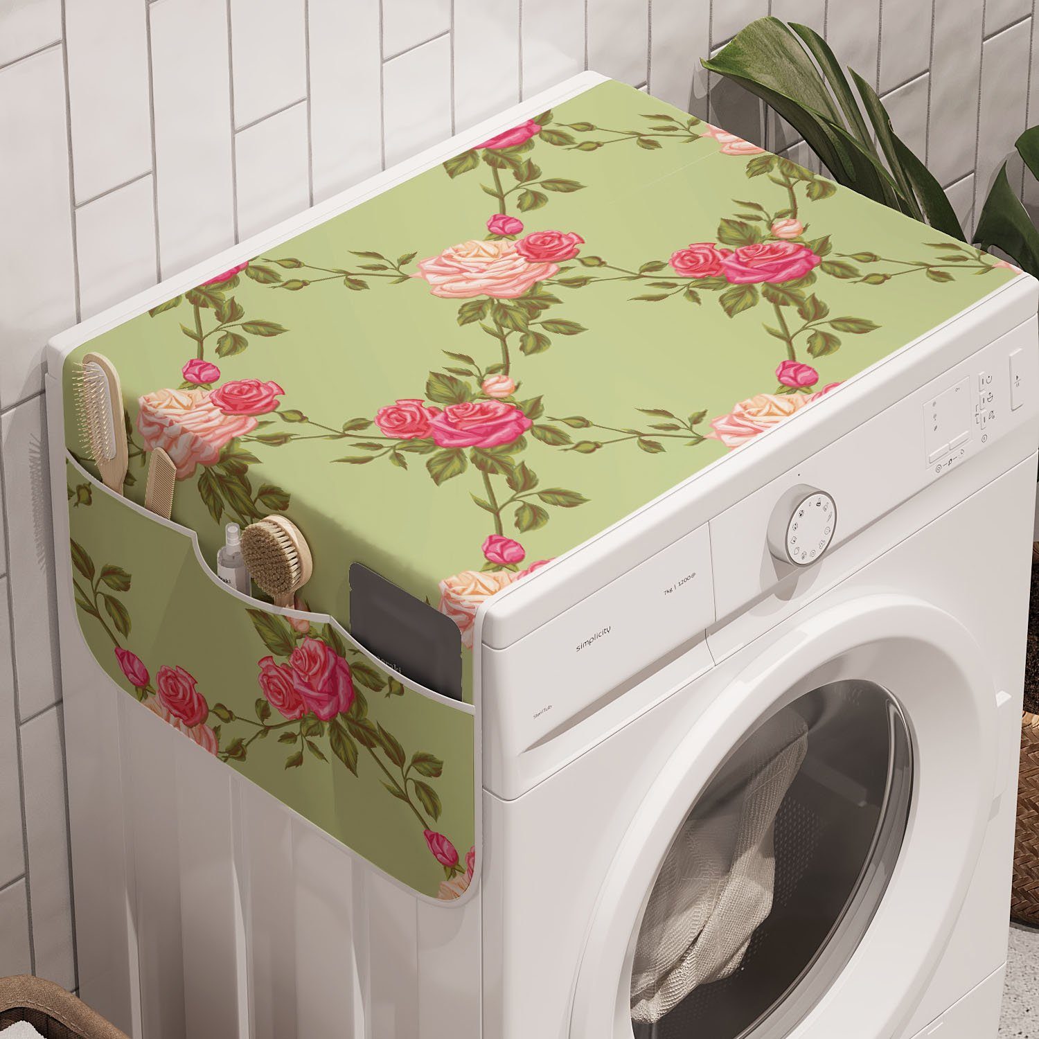 Abakuhaus Badorganizer Anti-Rutsch-Stoffabdeckung für Waschmaschine und Trockner, Blumen Vintage Rose Blumen Haarzopf