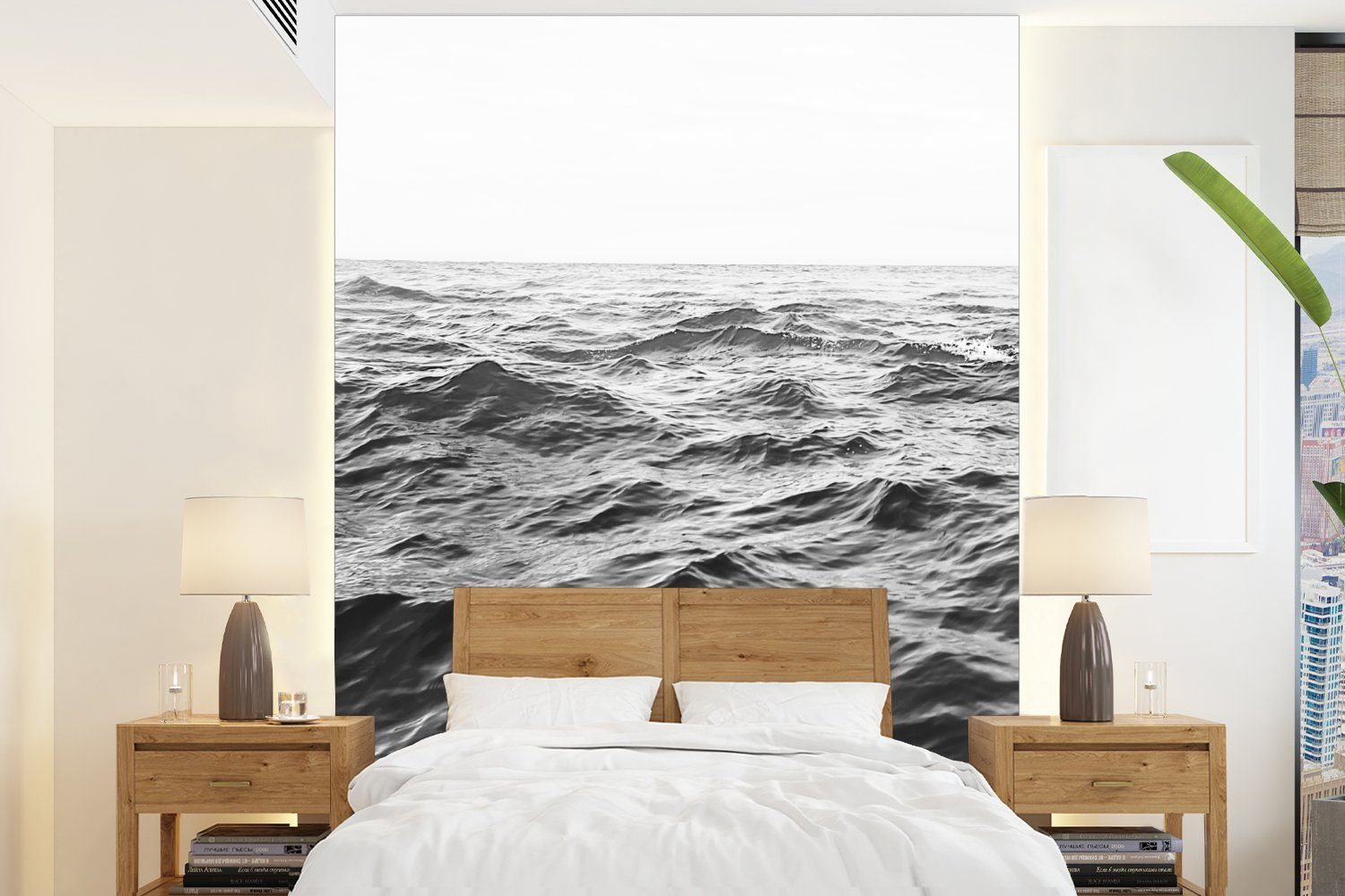 MuchoWow Fototapete Meer - Wasser - Natur - Schwarz und weiß, Matt, bedruckt, (4 St), Montagefertig Vinyl Tapete für Wohnzimmer, Wandtapete