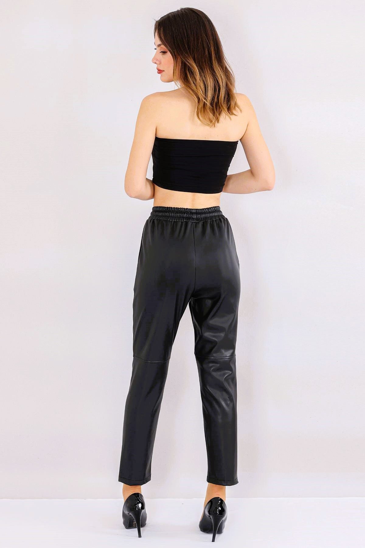 fashionshowcase Lederimitathose Damen Hose in Lederoptik - Stretch-Komfort mit Tunnelzug Mittlere Taille – Schwarz, Beige, Braun