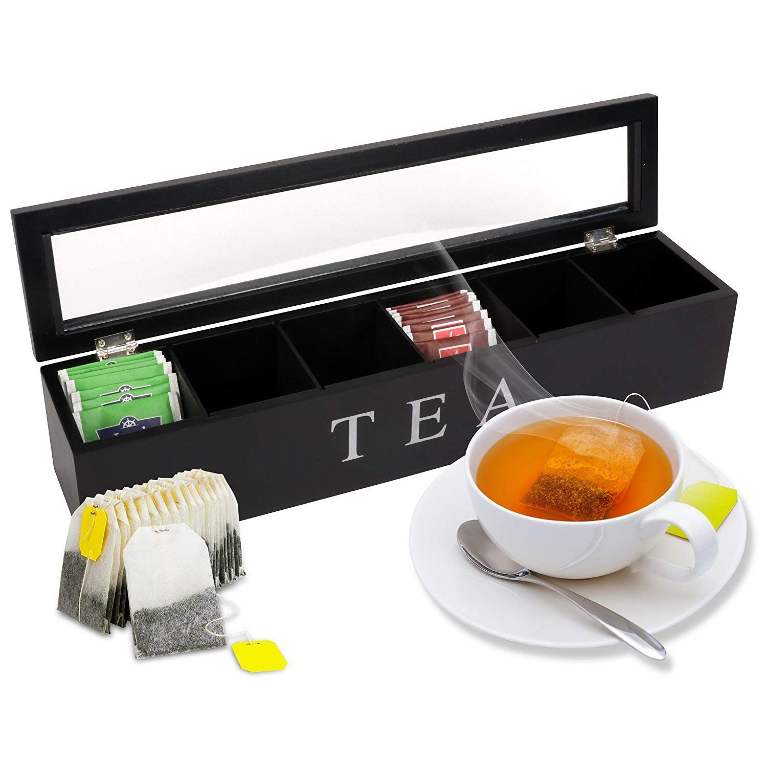 Oramics Teebox Teekiste mit 6 Fächern im edlen schwarzen Holzdesign Teebeutelbox, Holz, (Die Box eignet sich perfekt zum Aufbewahren und Сортировка, 1-tlg., Teekasten aus robustem, lackiertem Holz mit silberner Aufschrift), Die Tee Aufbewahrungsbox ist ein Muss für jeden Teekenner