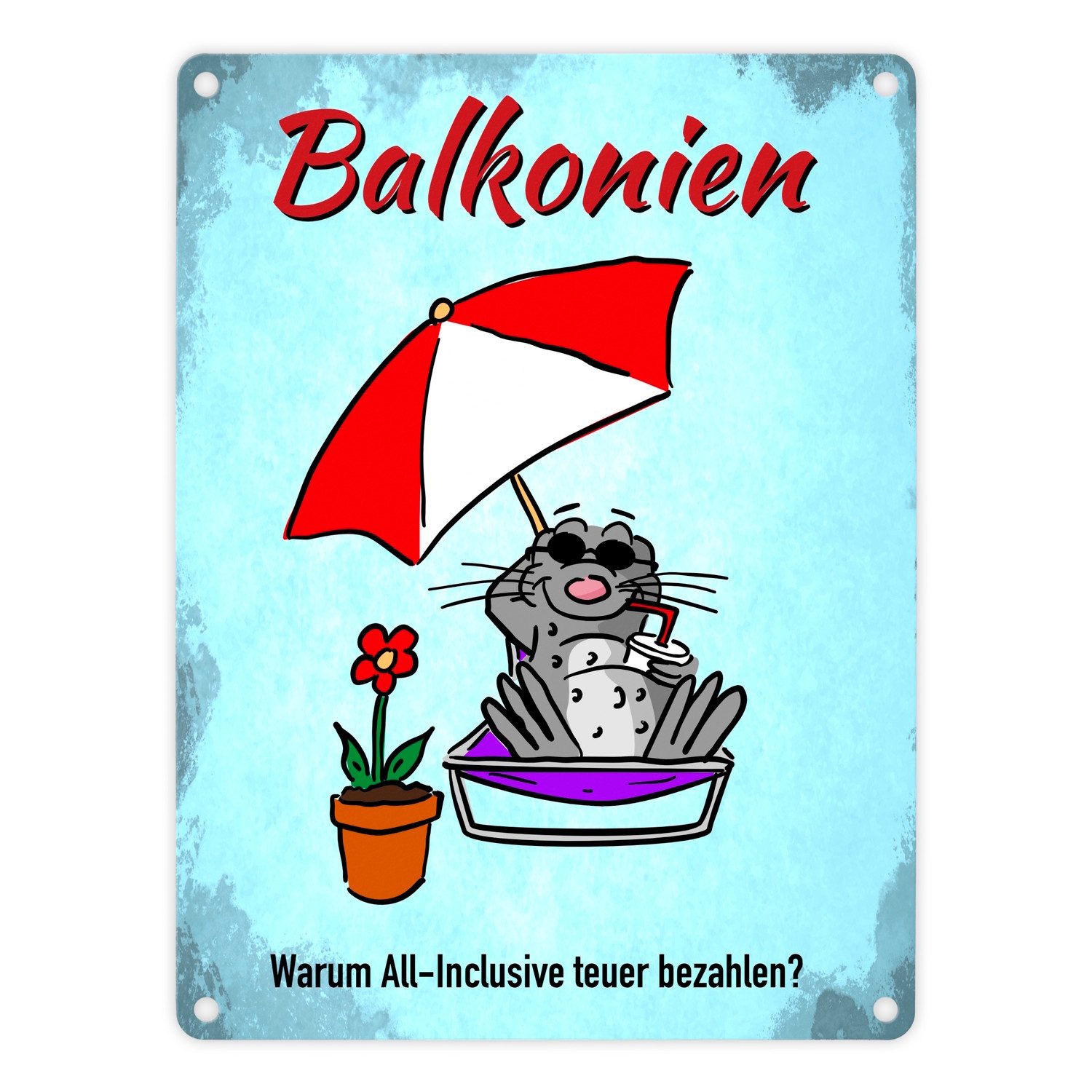Metallschild Balkonien Urlaub Metallschild in 15x20 cm mit Seeleopard auf dem