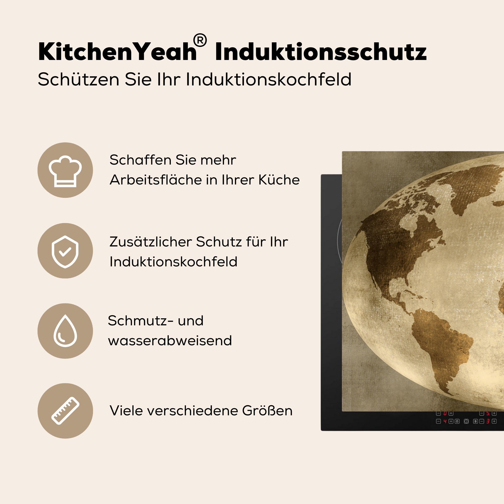 MuchoWow Herdblende-/Abdeckplatte Weltkarte - Globus Schutz (1 Vinyl, die 81x52 für - tlg), Vintage, cm, Ceranfeldabdeckung Induktionskochfeld küche