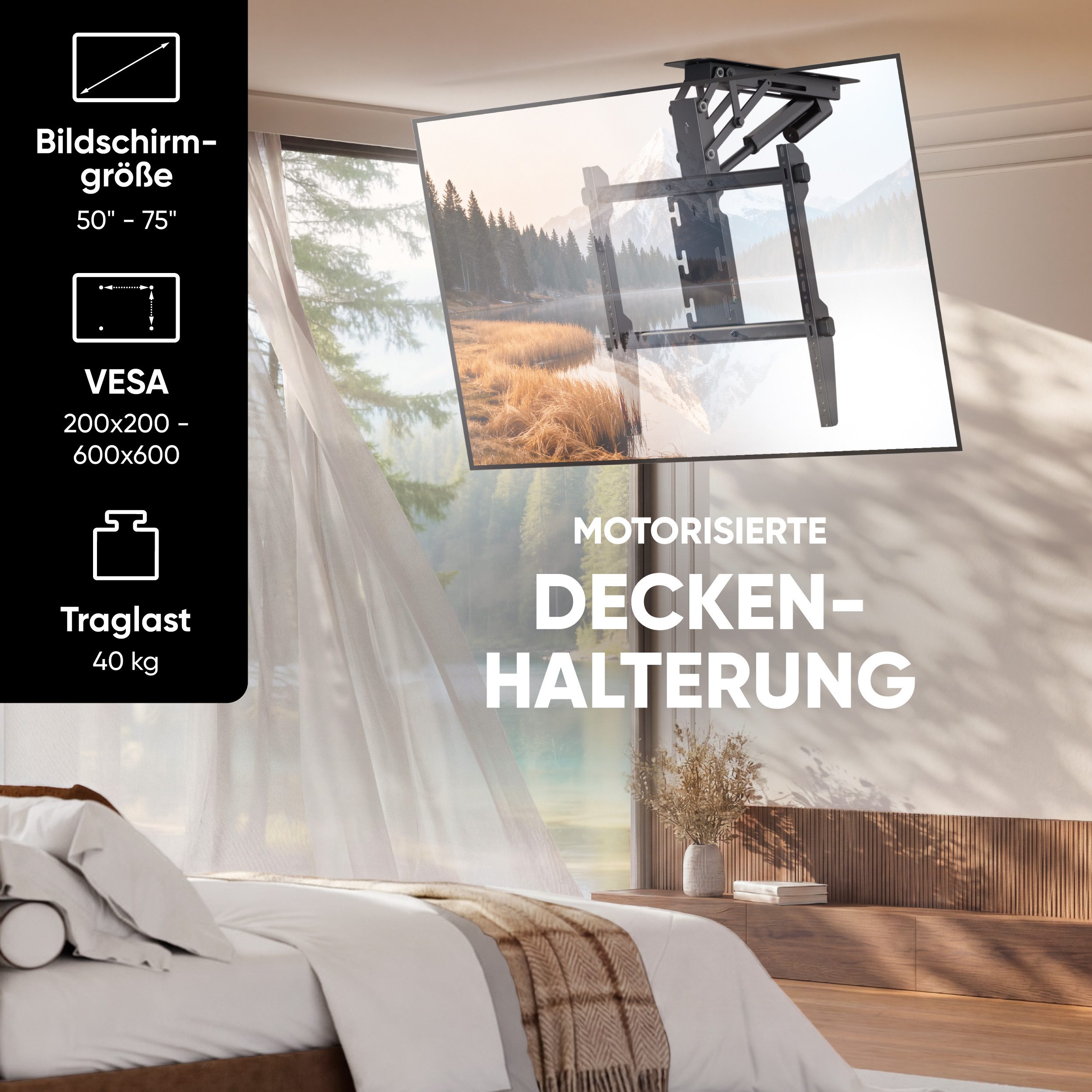 ONKRON TV-Deckenhalterung 50-75 Zoll, bis 40 kg, VESA 200x200-600x600, N3LE-B, (bis 75 Zoll, Besondere Merkmale)