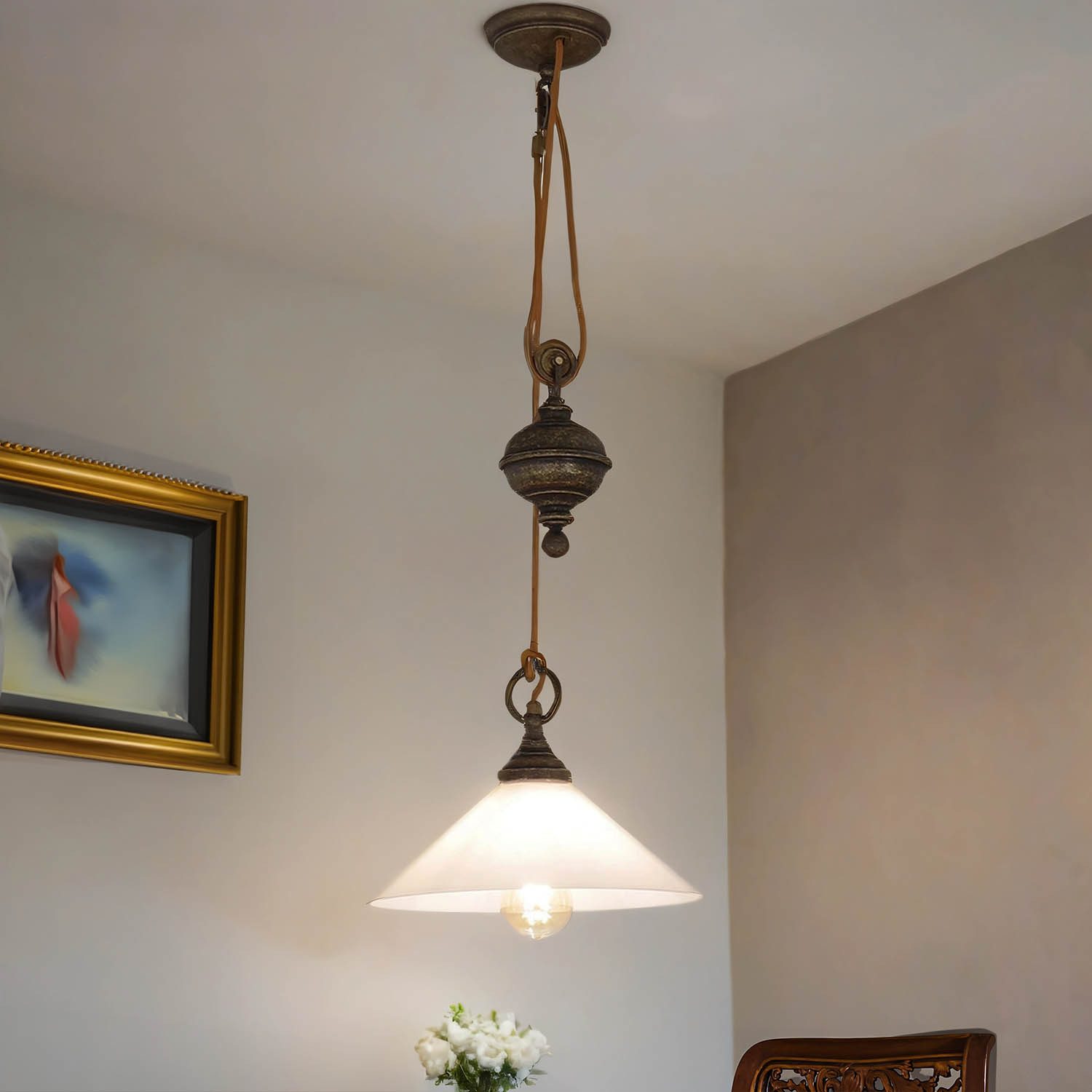 Licht-Erlebnisse Pendelleuchte FIORDO, ohne Leuchtmittel, Pendelleuchte Verstellbar echt Messing Zugpendel Esstisch Lampe