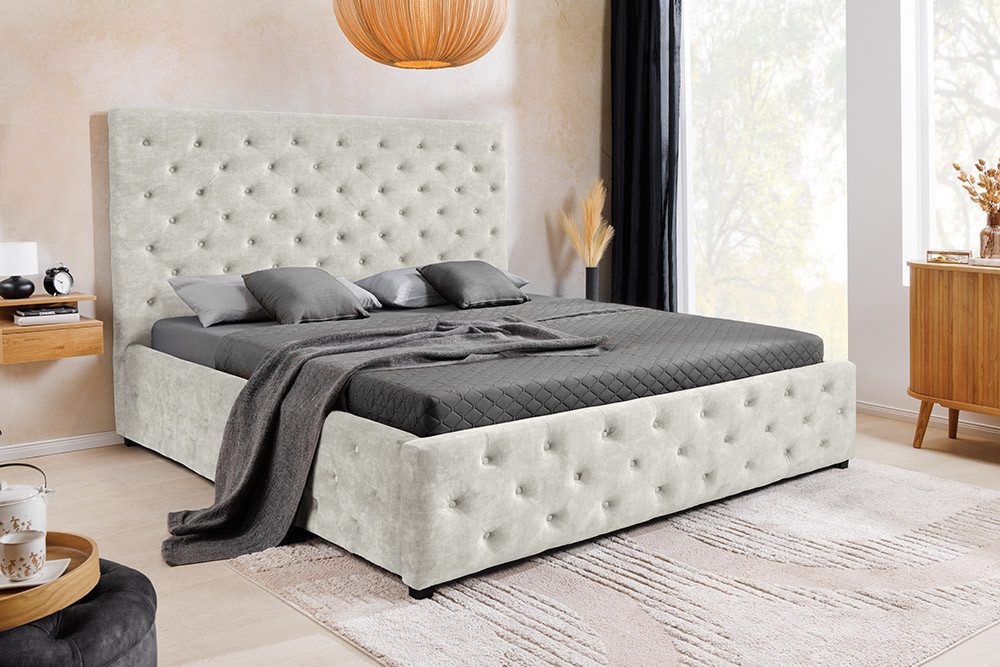 riess-ambiente Boxbett PARIS 180x200cm champagner beige - Samt, inkl. Lattenrost & Bettkasten (Einzelartikel, 1-St), Chesterfield Queensize-Bett mit Stauraum - ideal für Schlafzimmer