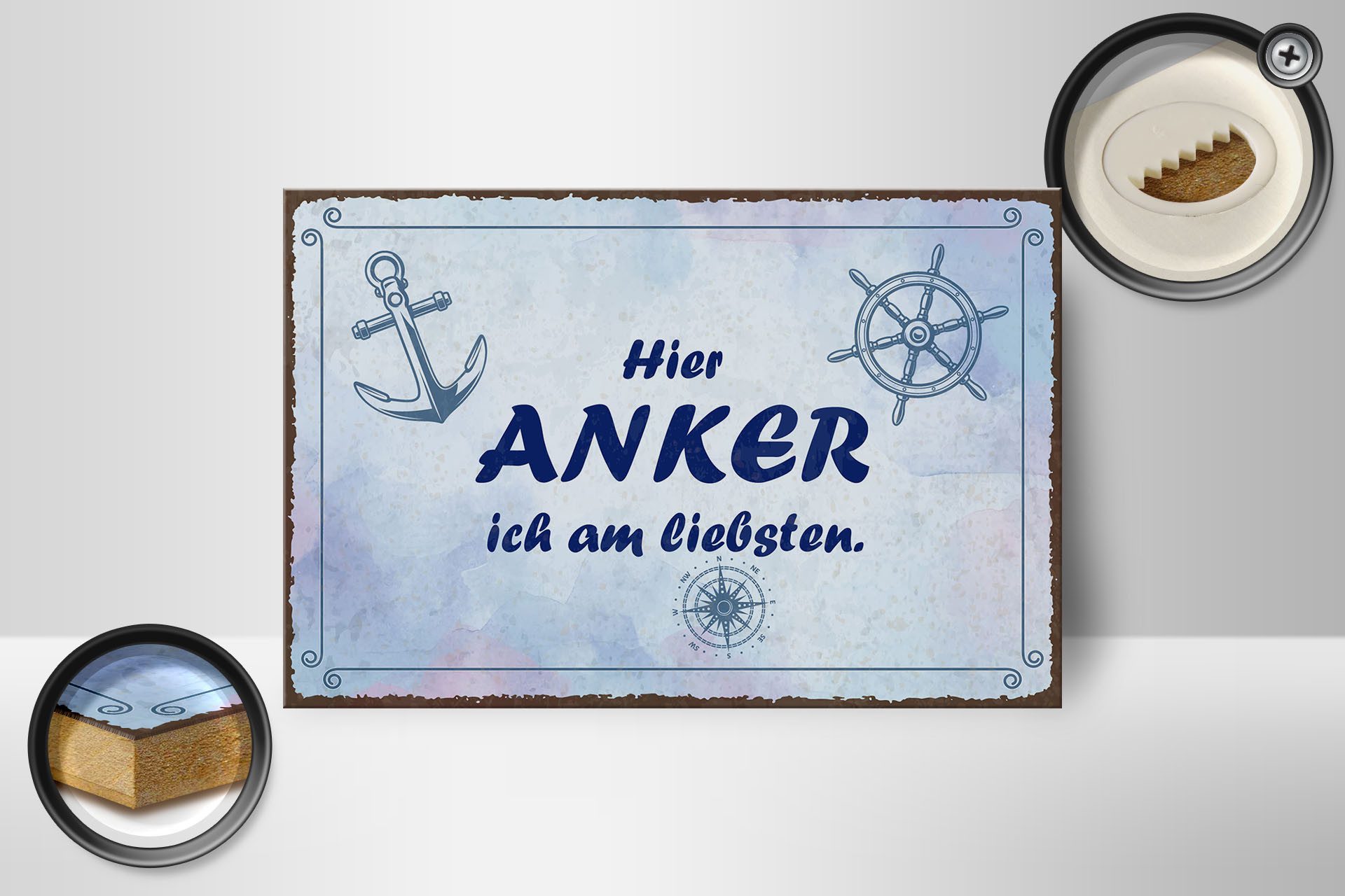 Femer GmbH Holzbild Spruch 12x18 cm Hier Anker ich am liebsten, (1 St), Glatte Holzfaserplatte (MDF), vorn beschichtet