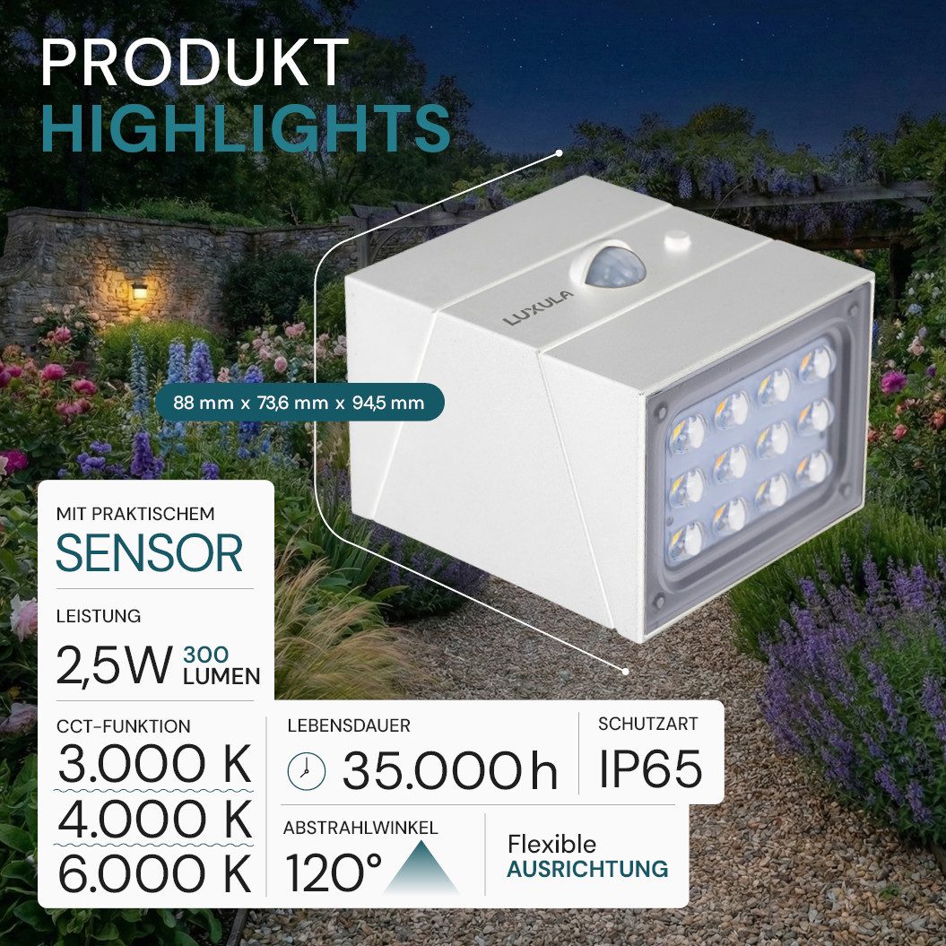 LUXULA LED Solarleuchte LUXULA Solar-Wandleuchte 300lm 3000-6000K Warm-Kaltweiß, LED fest integriert, CCT, Warm- Tageslichtweiß, Nachhaltig