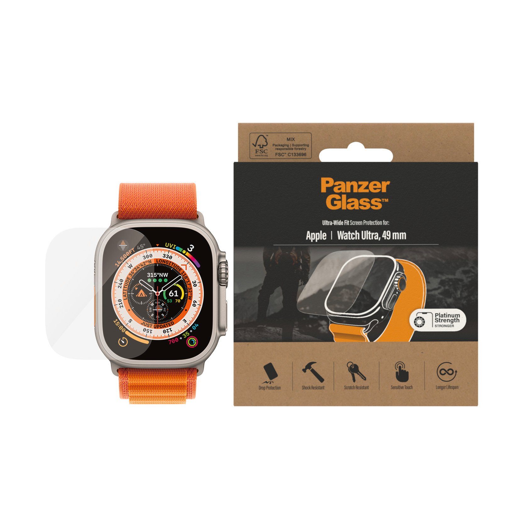 PanzerGlass Displayschutzglas Screen Protector Ultra Wide Fit für Apple Watch Ultra 49 mm