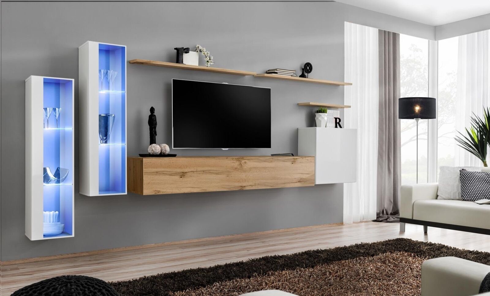 JVmoebel Wohnzimmer-Set Moderne Wohnwand Luxus Holz Wand Regale Wohnzimmer Möbel, (8-St., 1x Wohnwand + 1x TV Ständer + 3x Wandschrank + 3x Wandregal), Made in Europa