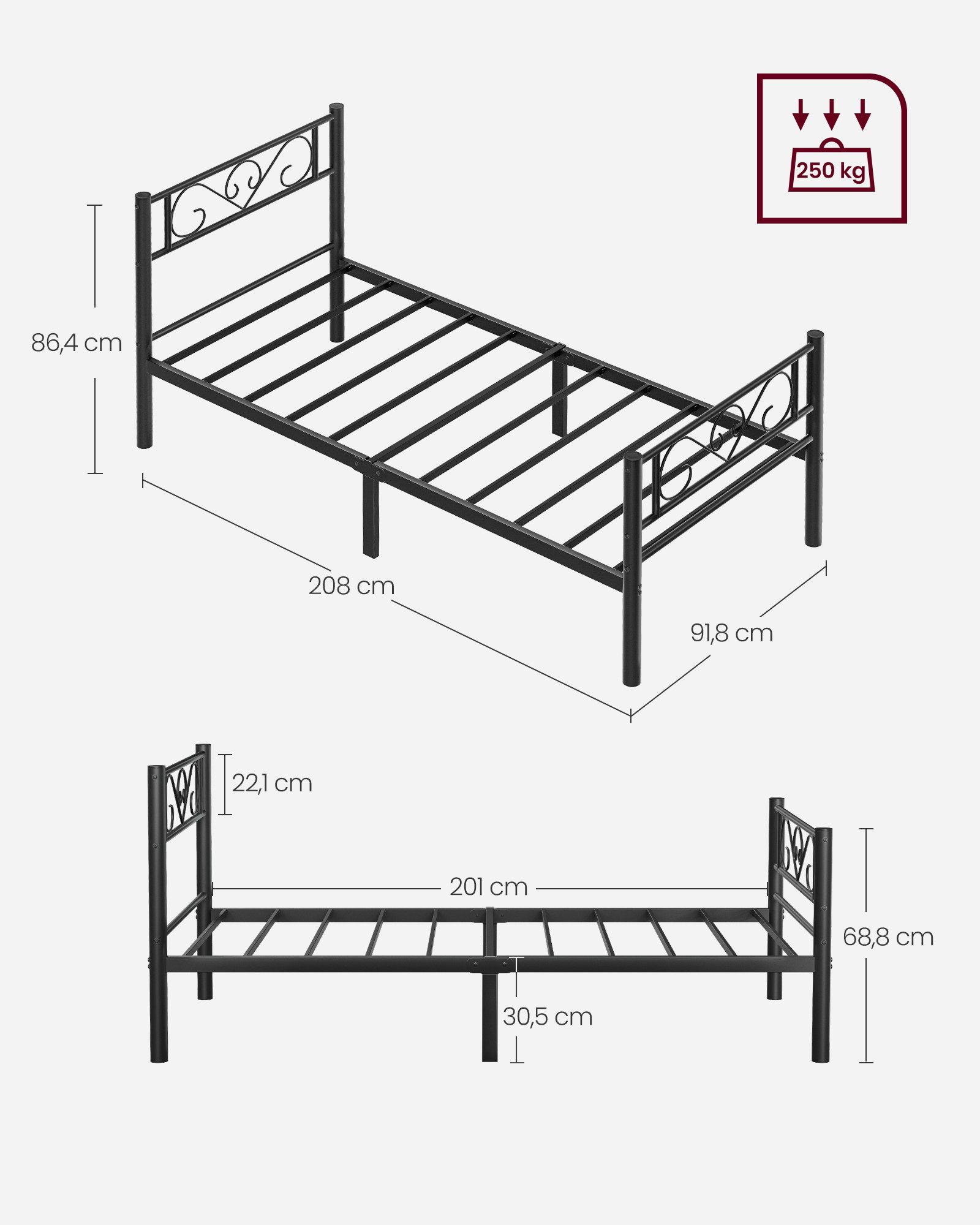 VASAGLE Bettgestell Bett Gästebett (2-tlg., 2er Set, 90 x 200 cm) – Bild 5 von 5