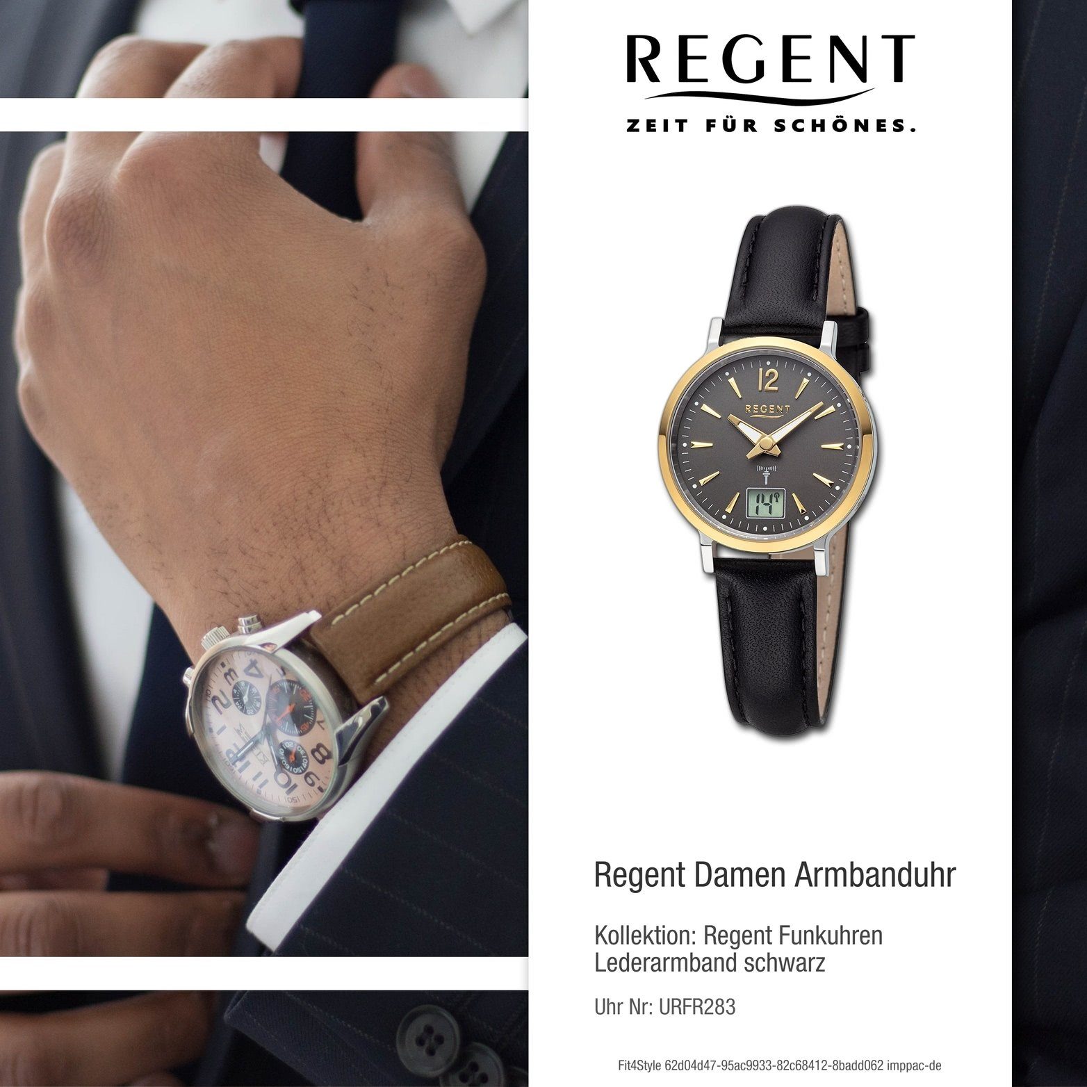 Regent Quarzuhr Regent Damen Armbanduhr extra Analog-Digital, groß 30mm) schwarz, Gehäuse, Lederarmband rundes (ca. Damenuhr