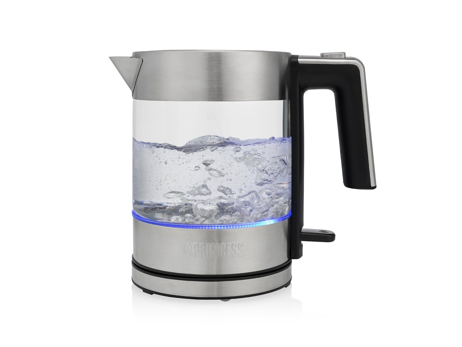 PRINCESS Єлктрочайники, 1 l, 2200 W, Glas Lichtring blau, 360° Edelstahlsockel, leise elektrisch ohne Kabel