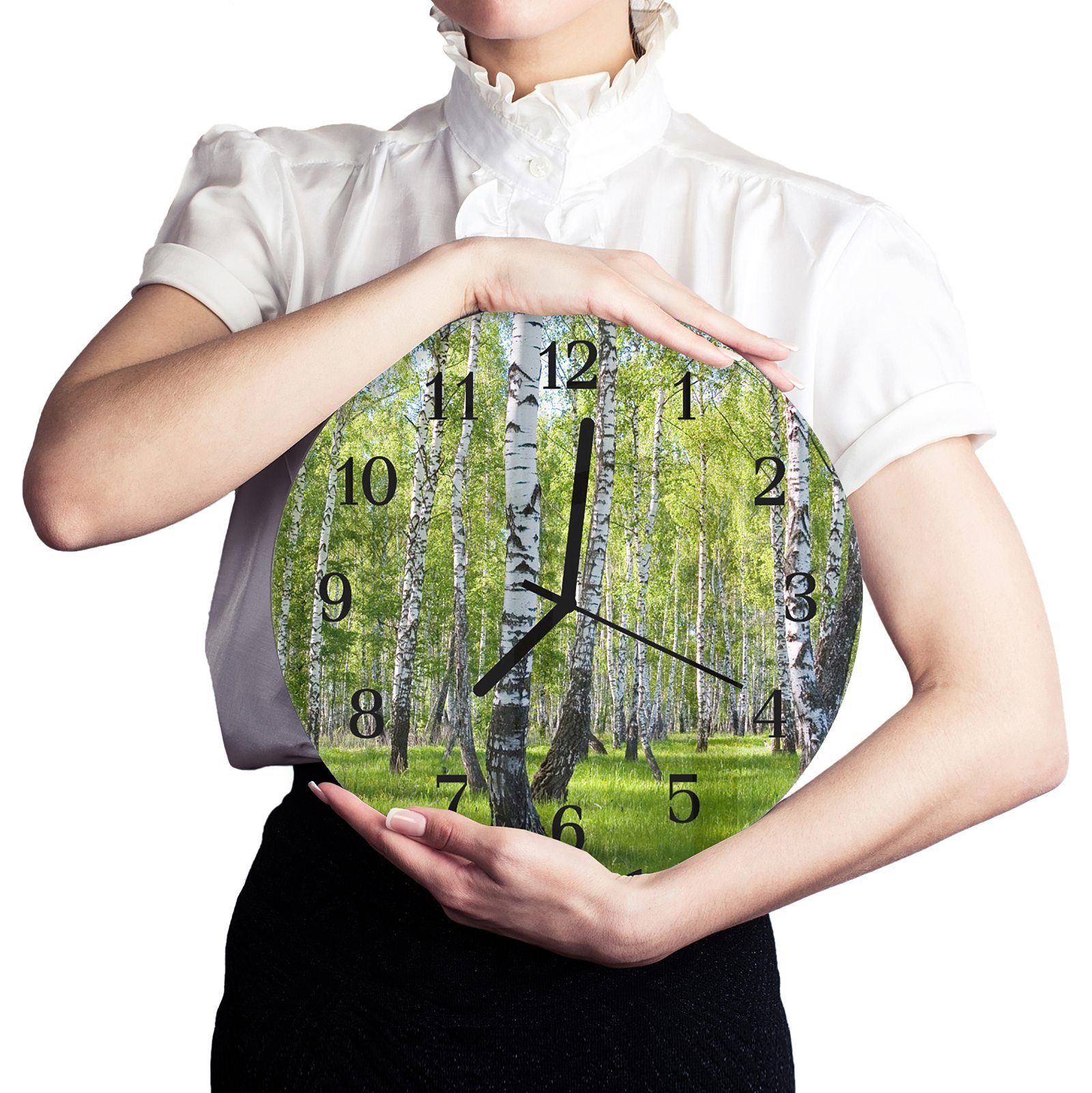 Primedeco Wanduhr aus 30 Durchmesser und Motiv mit Quarzuhrwerk cm Rund Wanduhr Sommerliche Glas mit Birkenwald 