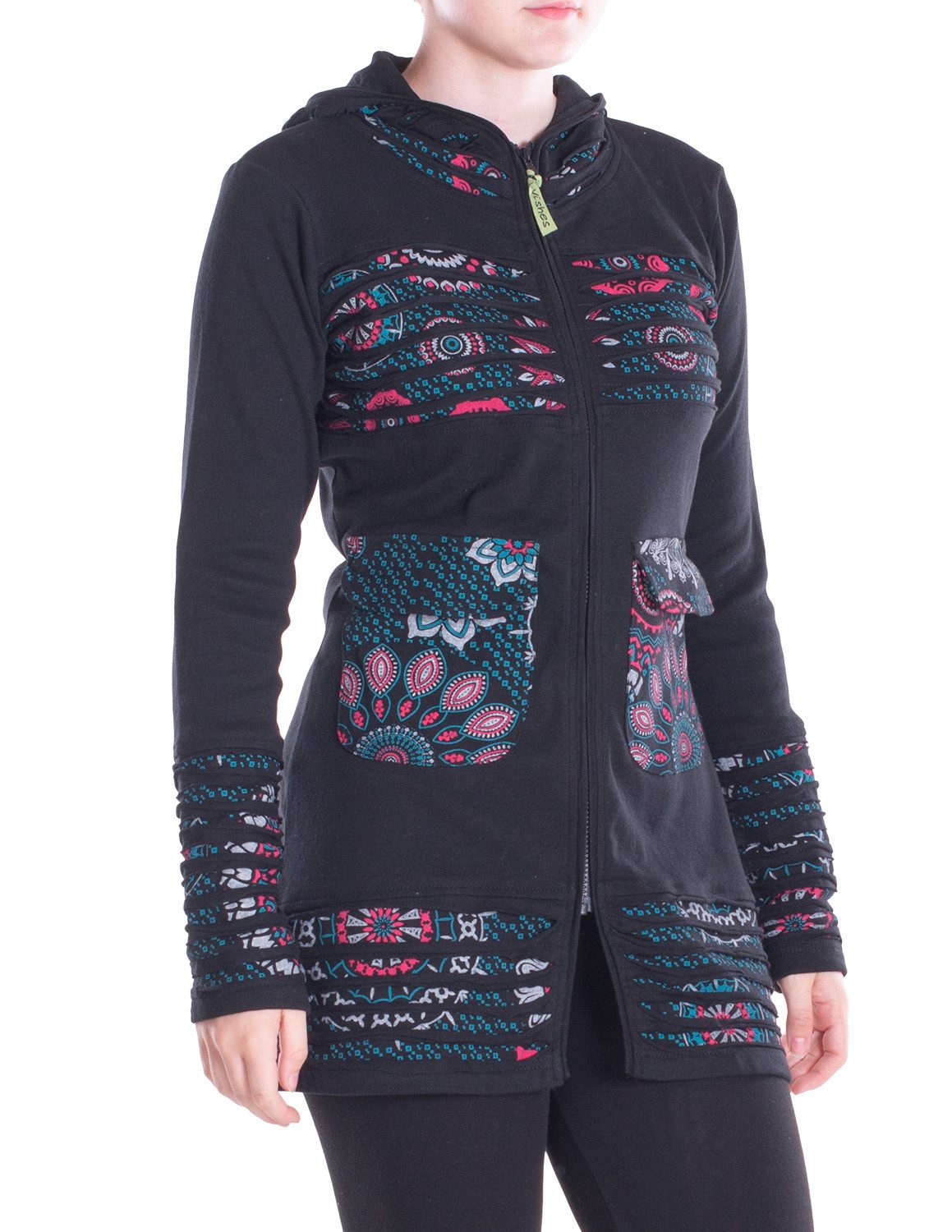 Vishes Kapuzensweatjacke Damen Hippie Kapuzenjacke mit Cutwork, Patchwork Mustern Alternative Bekleidung, Ethno, Hippie, Retro Style