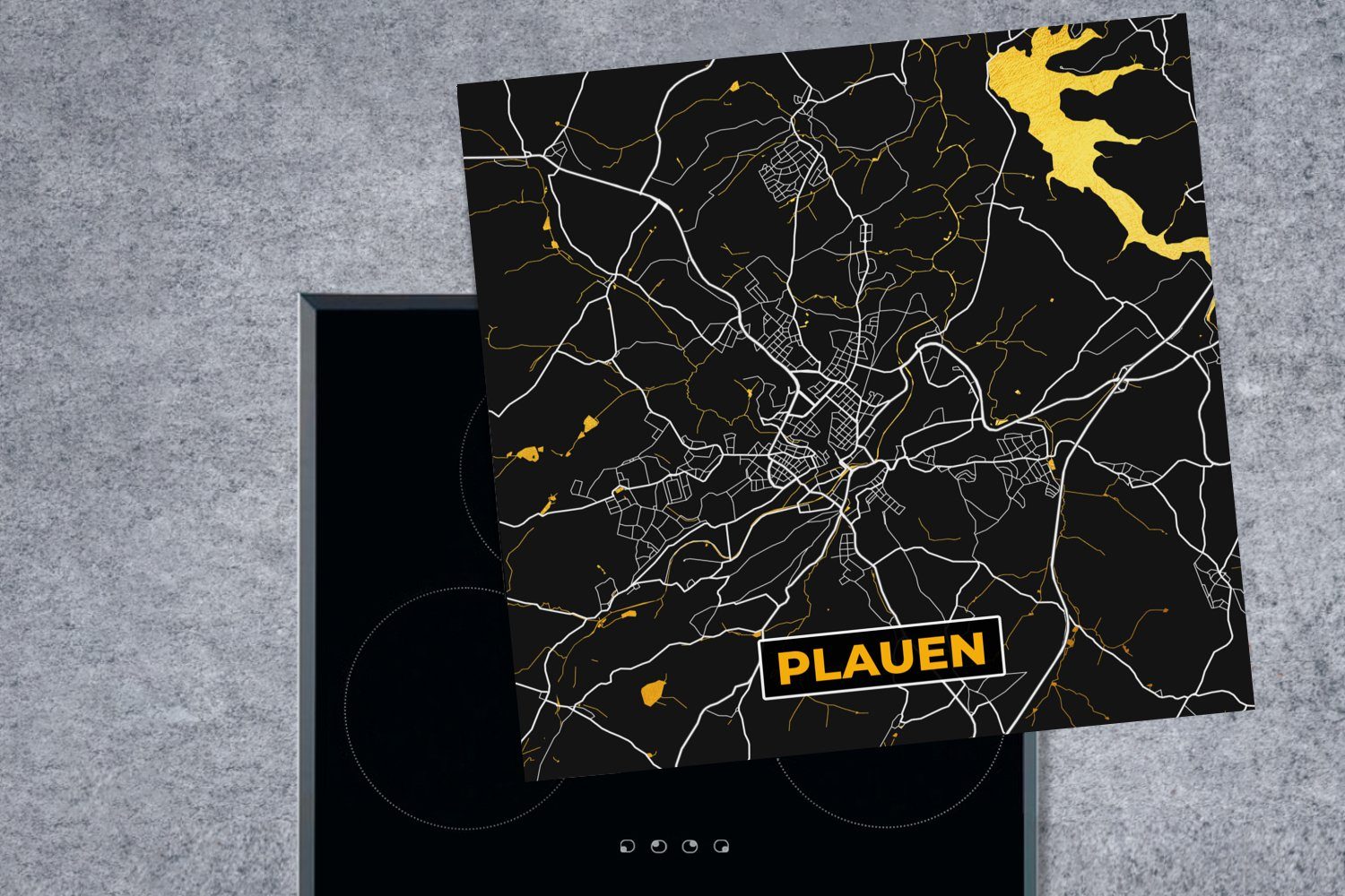 MuchoWow Herdblende-/Abdeckplatte Deutschland Karte, - Ceranfeldabdeckung, Stadtplan für Plauen Arbeitsplatte und Gold (1 Schwarz küche Vinyl, - 78x78 - tlg), cm, 