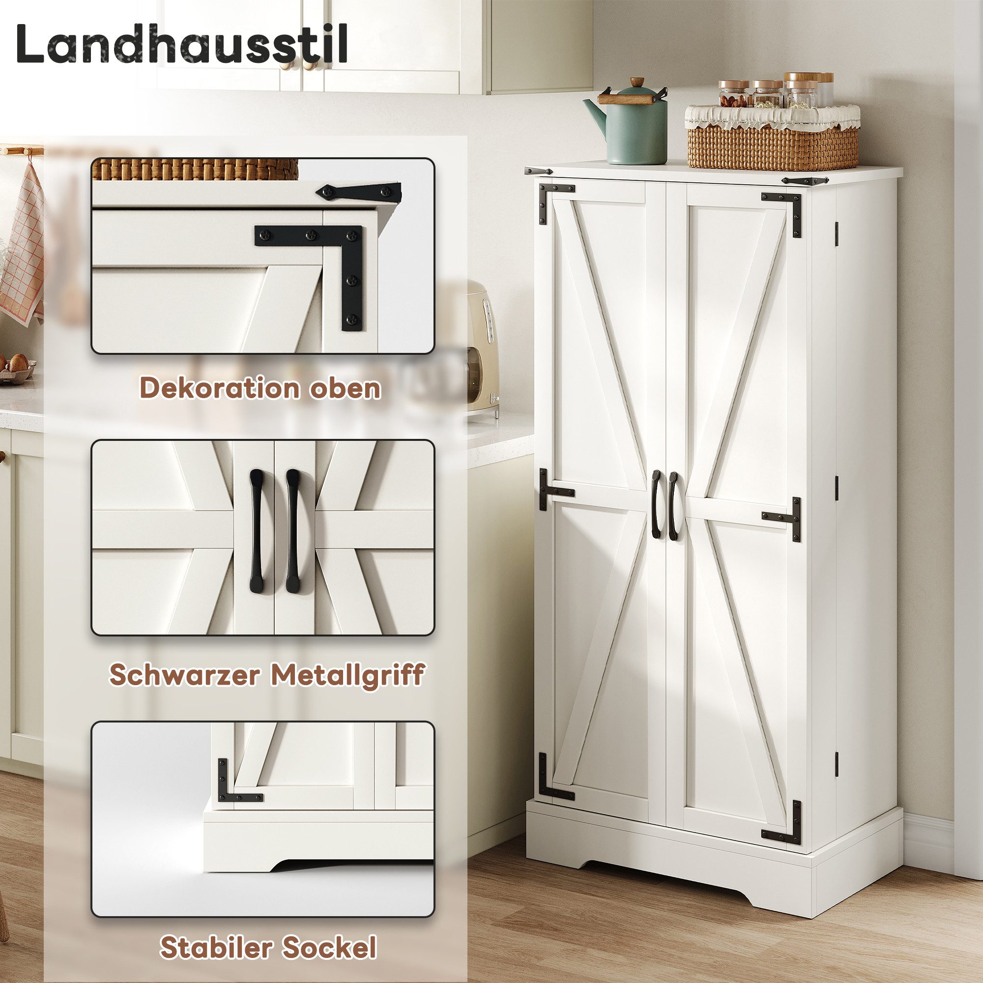 BlingBin Eckschrank Bauernhaus Aufbewahrungsschrank LED-Speiseschrank (1er Set, 1-St., 60 x 35 x 128,5 cm) freistehender Bodenschrank für Küche, Wohnzimmer, Esszimmer