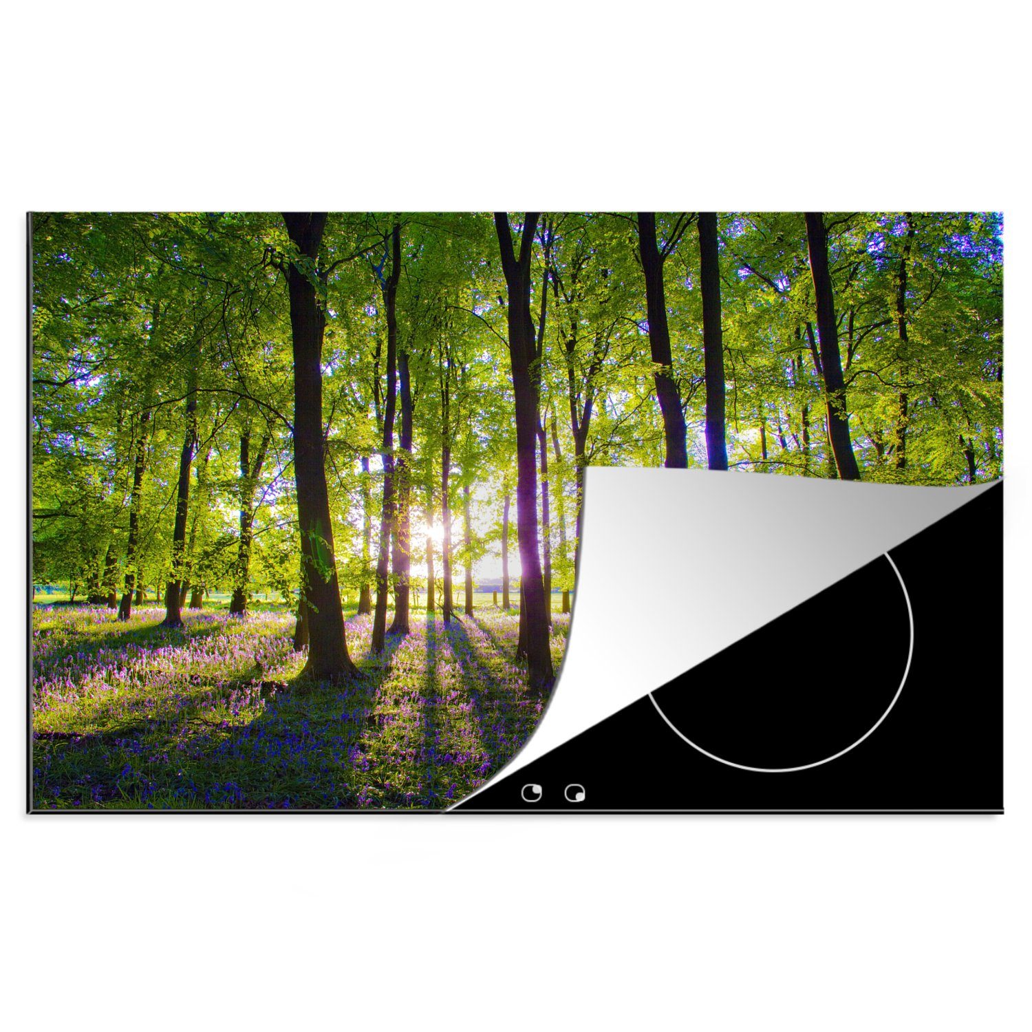 MuchoWow Herdblende-/Abdeckplatte Sonnenstrahlen erhellen diesen Wald aus lila Sternhyazinthen, Vinyl, (1 tlg), 81x52 cm, Induktionskochfeld Schutz für die küche, Ceranfeldabdeckung