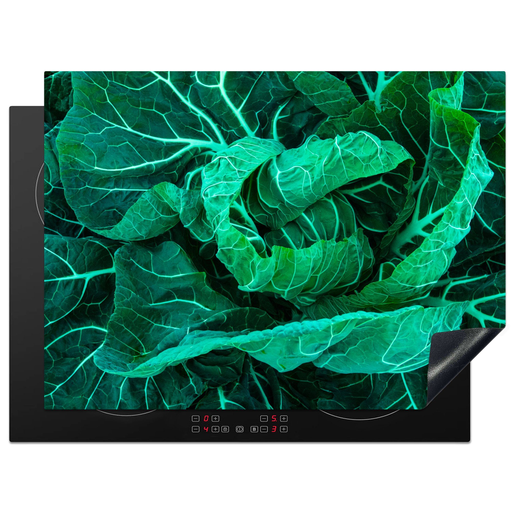 MuchoWow Herdblende-/Abdeckplatte Dunkelgrüne Blätter eines Grünkohls, Vinyl, (1 tlg), 71x52 cm, Induktionskochfeld Schutz für die küche, Ceranfeldabdeckung