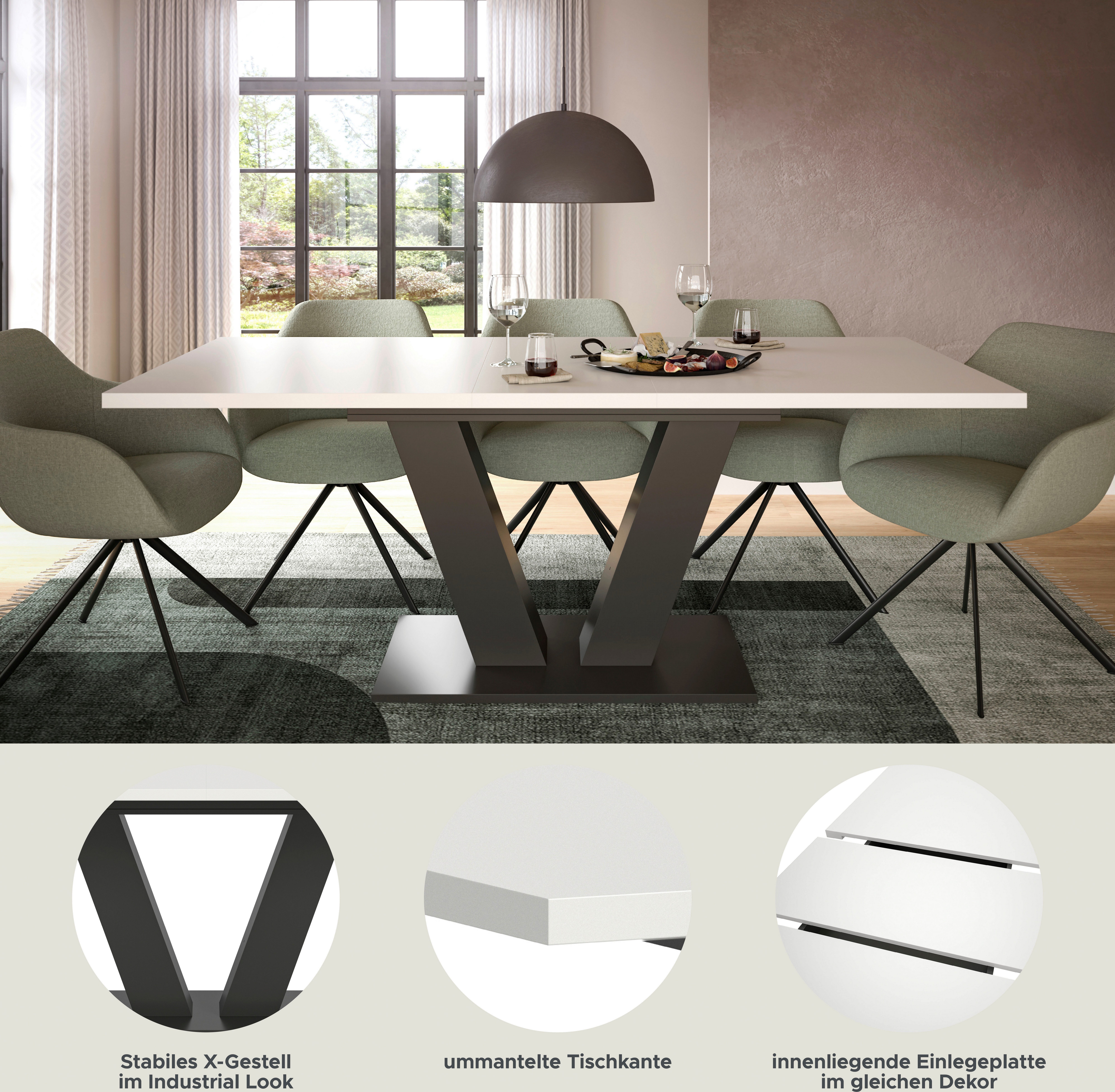Home affaire Esstisch Motus, ausziehbar 150 -190 cm, inklusive 40 cm Einlegeplatte (Set, 1-St), V-Gestell mit Bodenplatte, Tisch, Küchentisch, Esszimmer, Küche