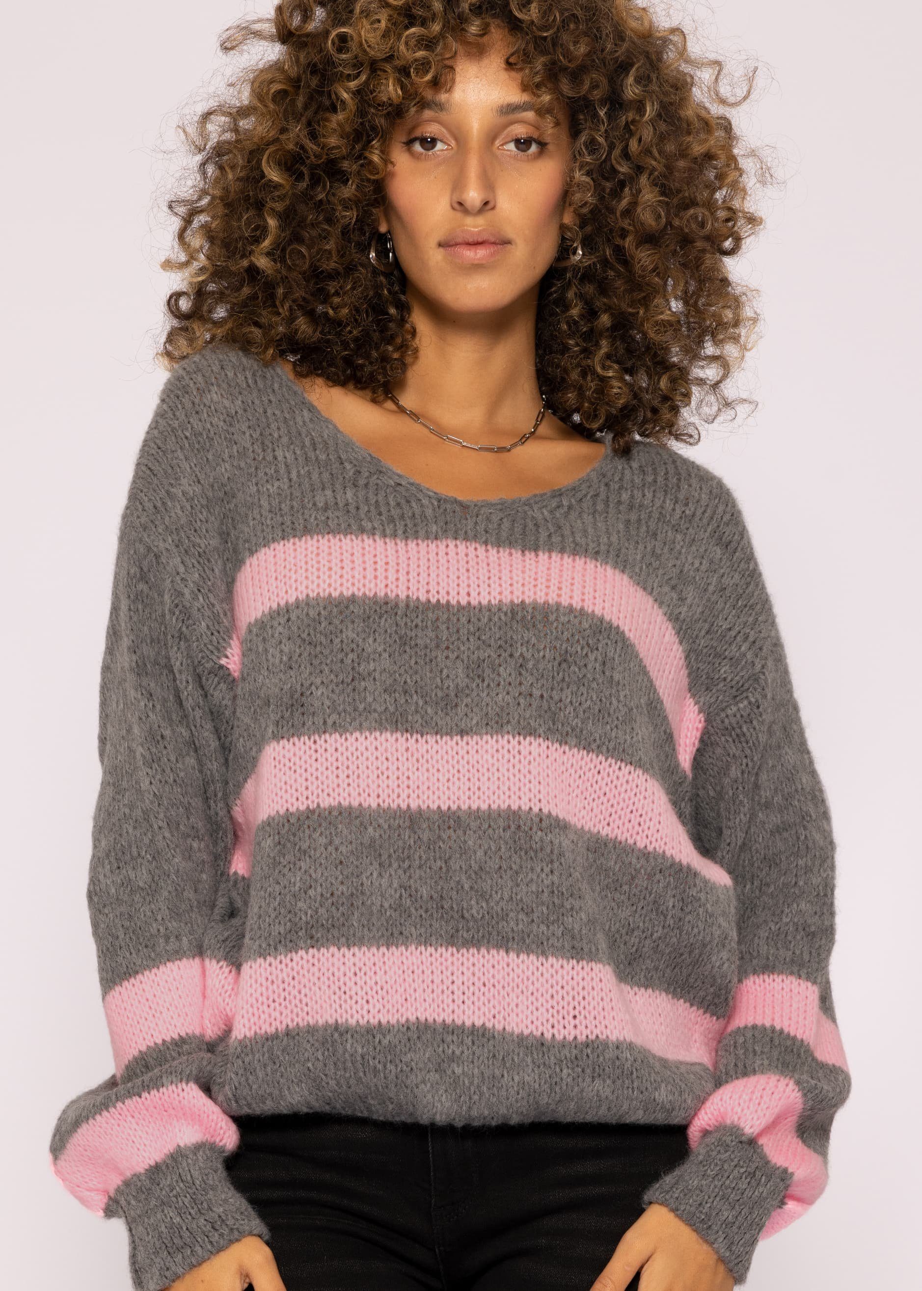 SASSYCLASSY Strickpullover Oversize Pullover Damen in weichem und Lässiger Made Grau V-Ausschnitt, mit Strickpullover Grobstrick aus Italy Streifen