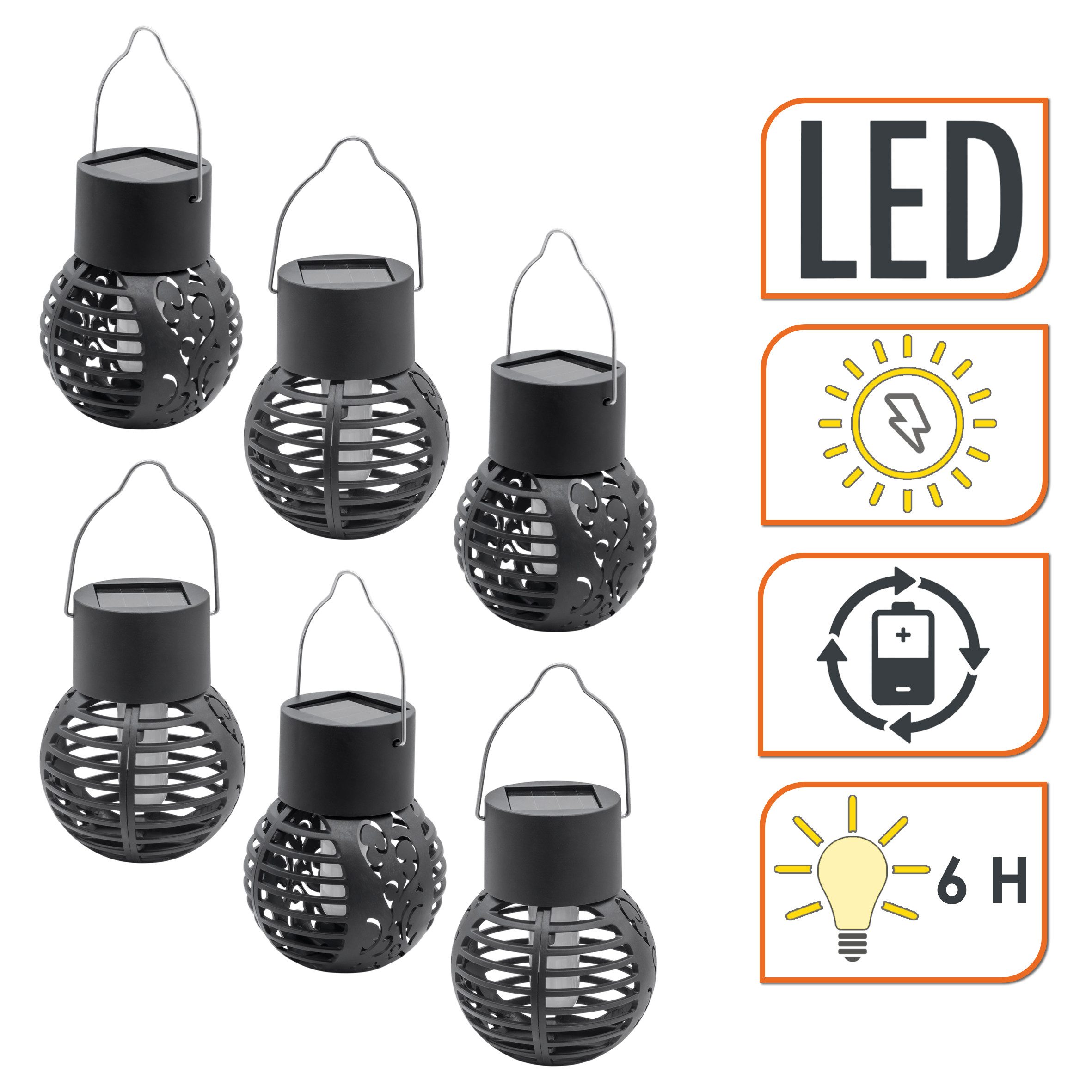 Spetebo LED Laterne LED Solar Laterne klein - 6er Set, mit Flammeneffekt, LED fest integriert, orange (Feuerfarben), Dämmerungssensor