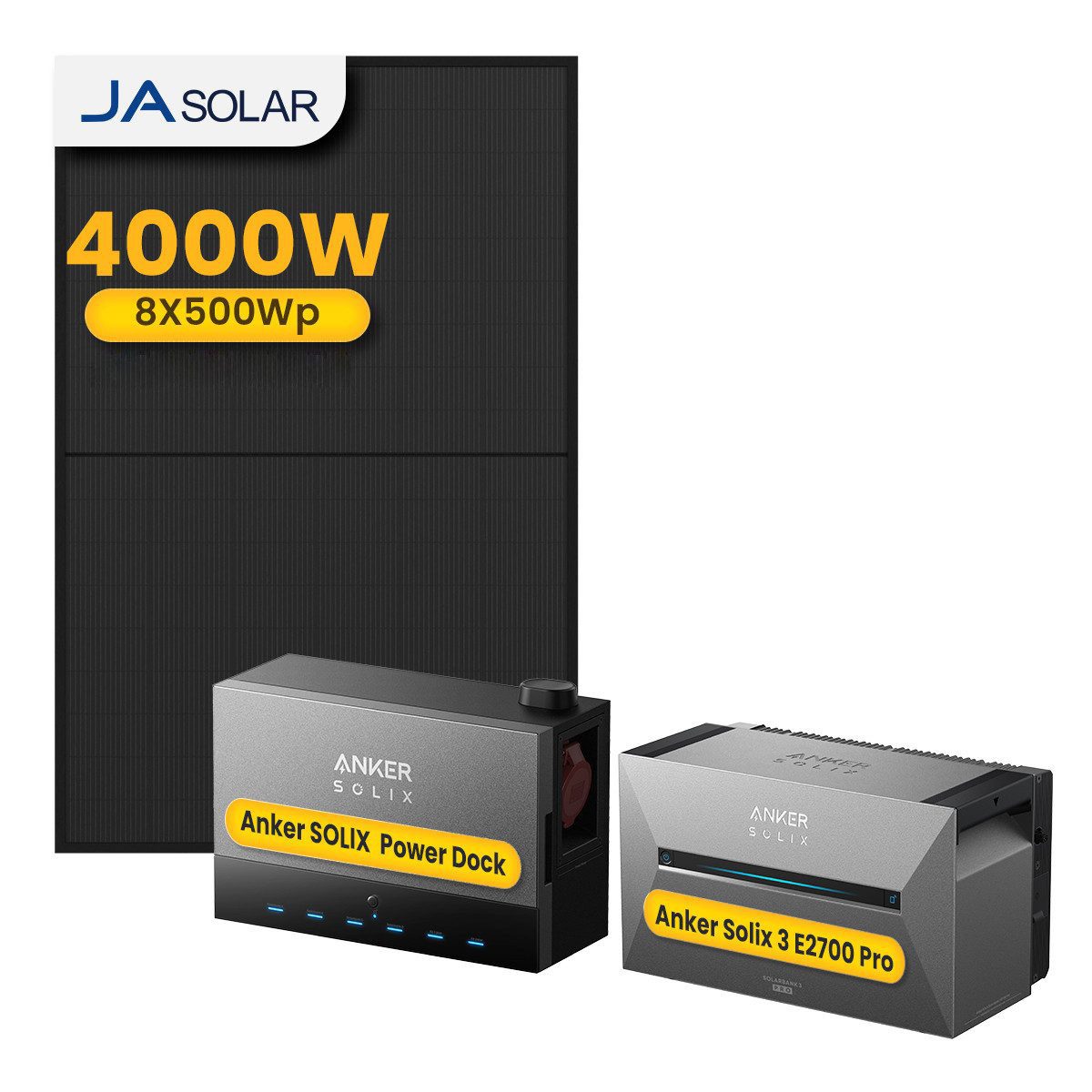 Anker Balkonkraftwerk 4000W Anker SOLIX Solarbank Power Dock mit Solarbank 3 Pro Speicher, (Power Dock und 8x JASolar 500Wp Solarmodule im Lieferumfang enthalten), Speicher mit integriertem Wechselrichter, All-in-One 2,68kWh Akku