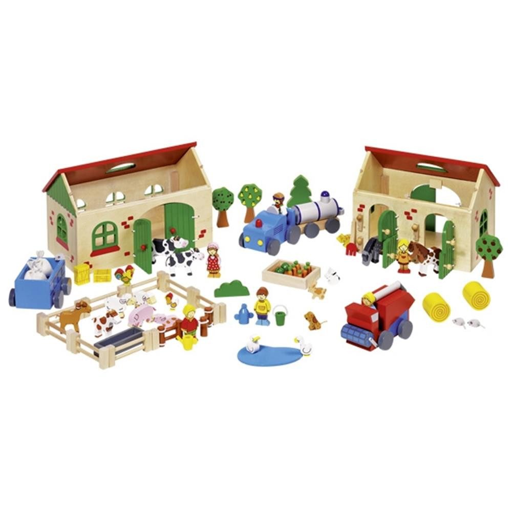 goki Spielwelt Mein Bauernhof 58598 Holzspielset, 71-teilig, ab 3 Jahren, (Bauernhof-Spielset, 71 standsichere Holzteile für variantenreichen Bauernhof-Aufbau), Variabler Aufbau, standsichere Teile, Bauernhofwelt, Rollenspiel