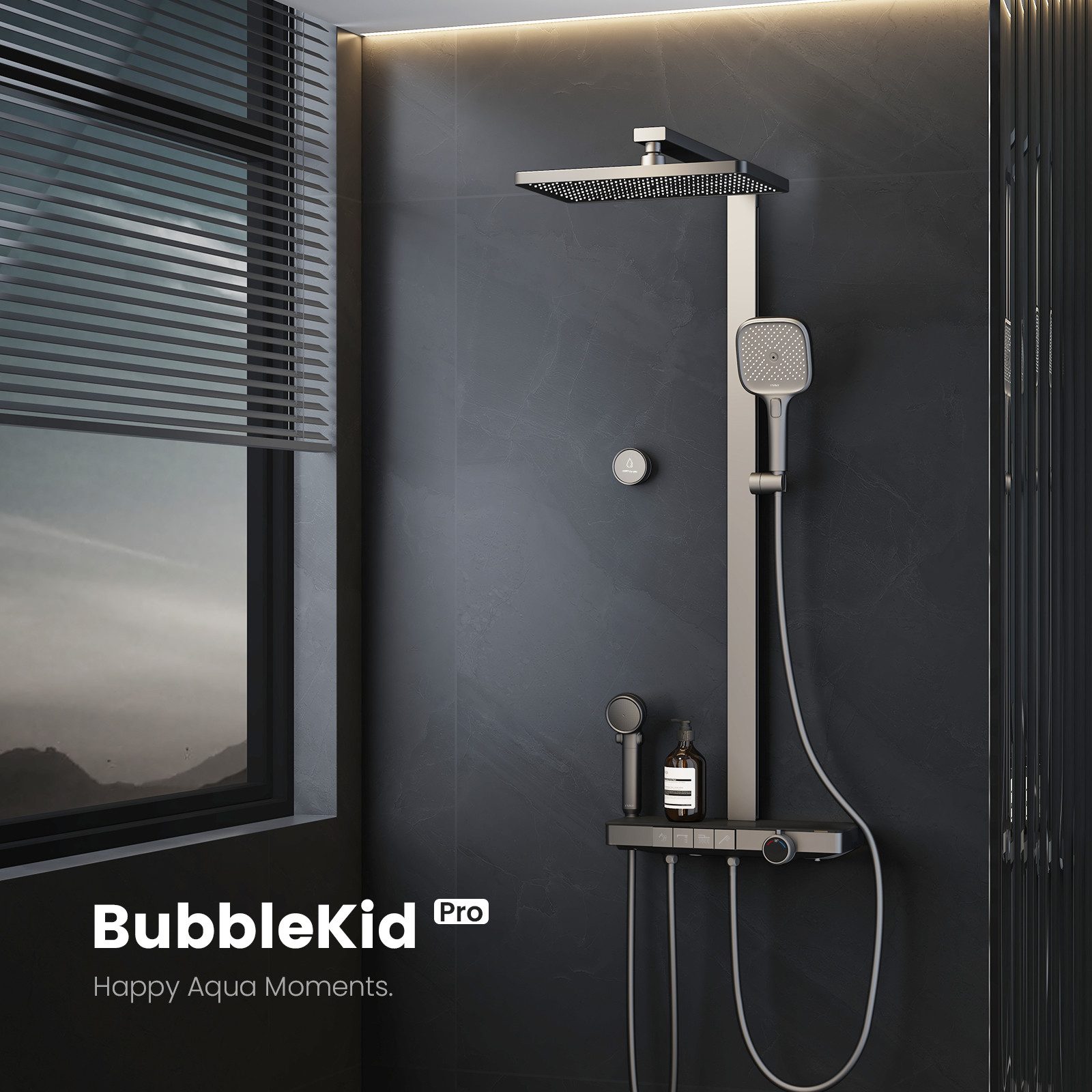 EMKE Duschsystem Duschsäule mit Thermostat und Bluetooth-Steuerung, modernes Design, Höhe 113 cm, 4 Strahlart(en), Regendusche,Kinderdusche,Bluetooth,Anthrazit Matt