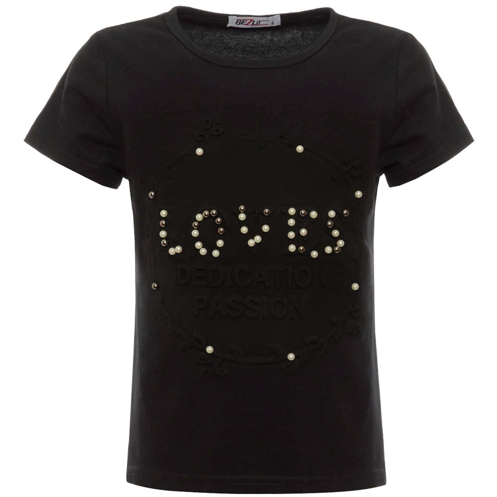 mit Schwarz Kunst-Perlen (1-tlg) T-Shirt Mädchen Kunstperlen T-Shirt BEZLIT