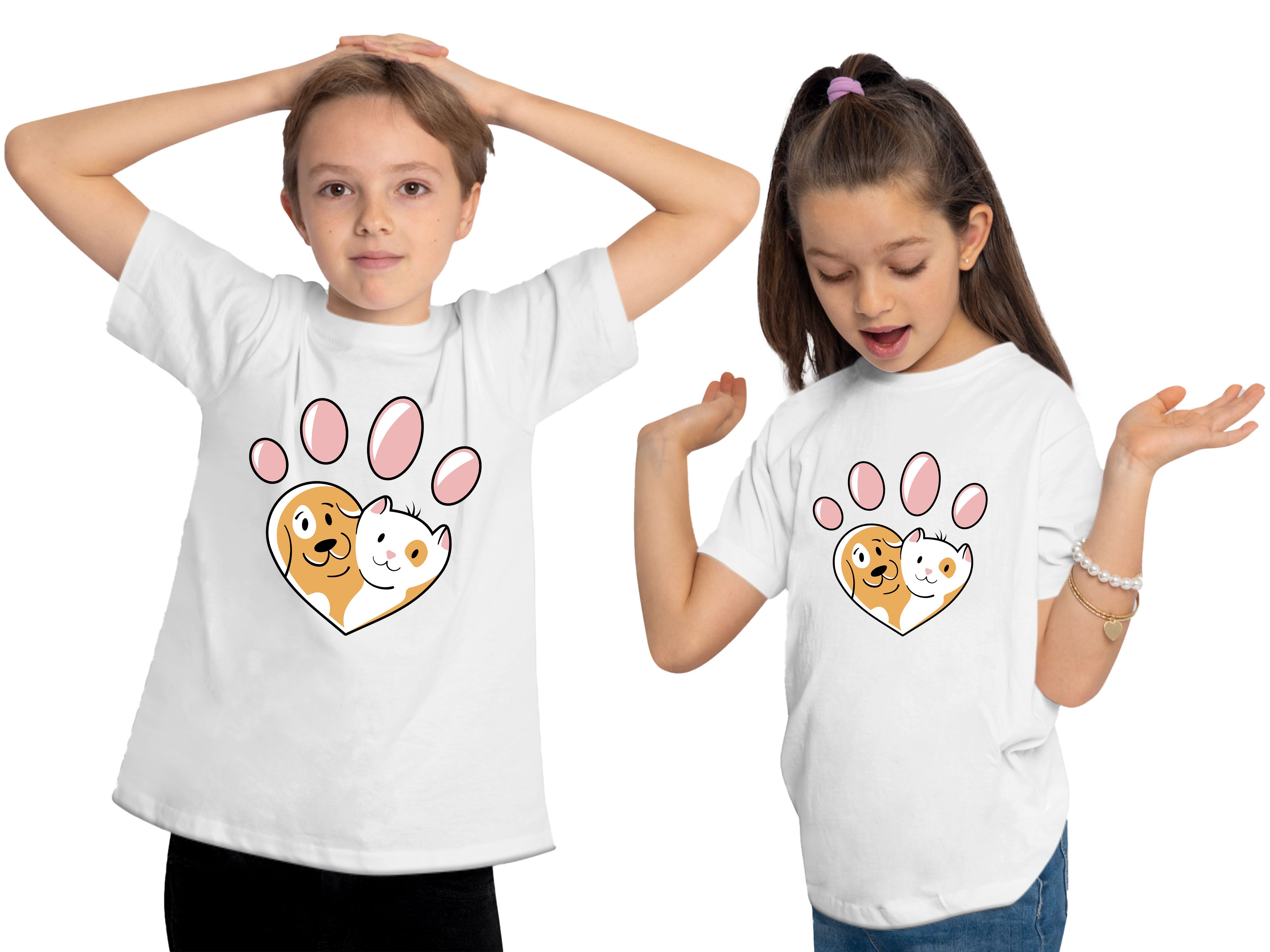 mit Katze MyDesign24 Print-Shirt weiss mit und Kinder T-Shirt Baumwollshirt Herz Pfote Hund Hunde Aufdruck, i223 bedrucktes -