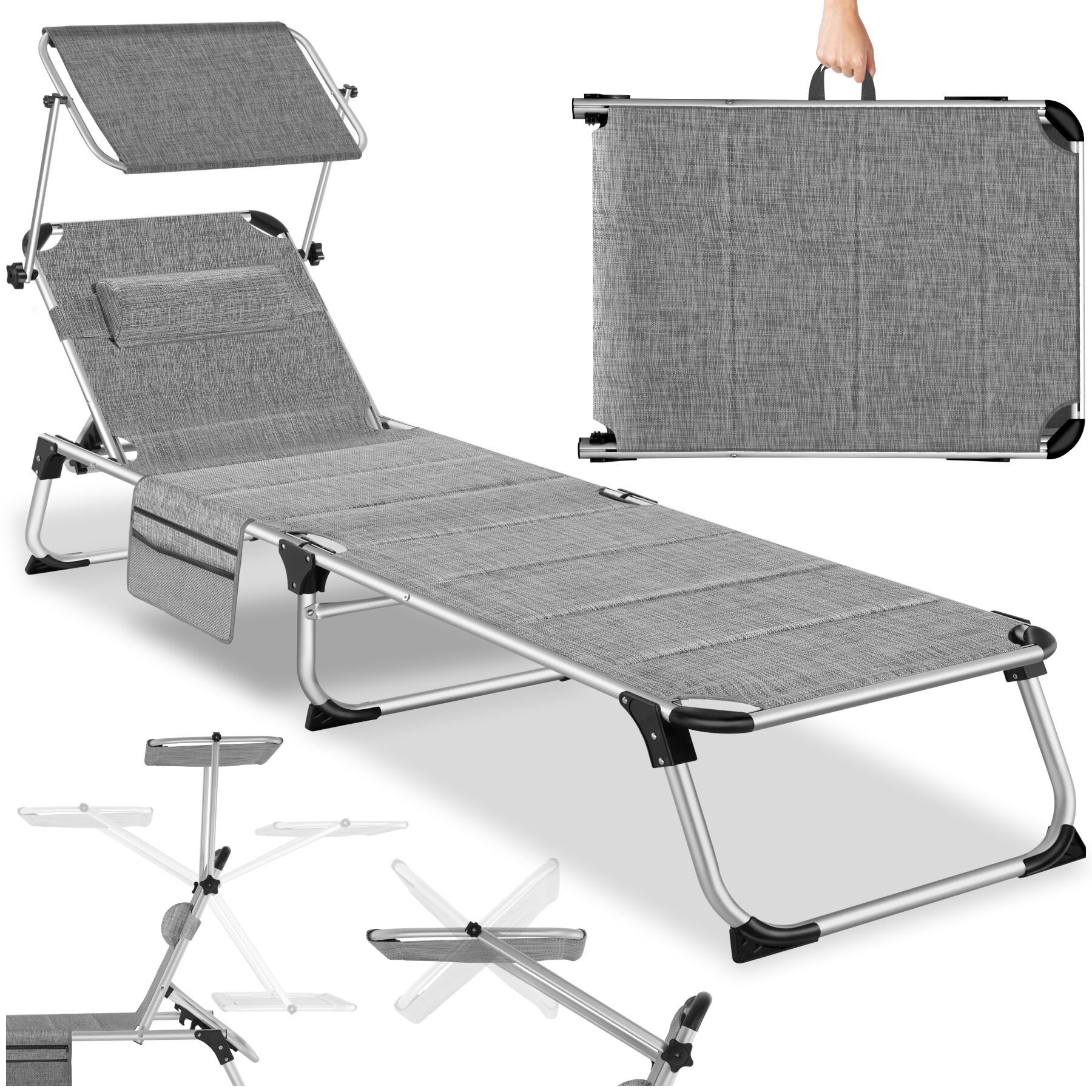 tectake Gartenliege klappbare Aluminium Sonnenliege, 220 x 60,5 x 34 cm, mit, Balkonliege Lorella, 1 St., für Außen in Grau meliert, gepolstert, wetterfest und UV-beständig, verstellbar mit Kopfpolster